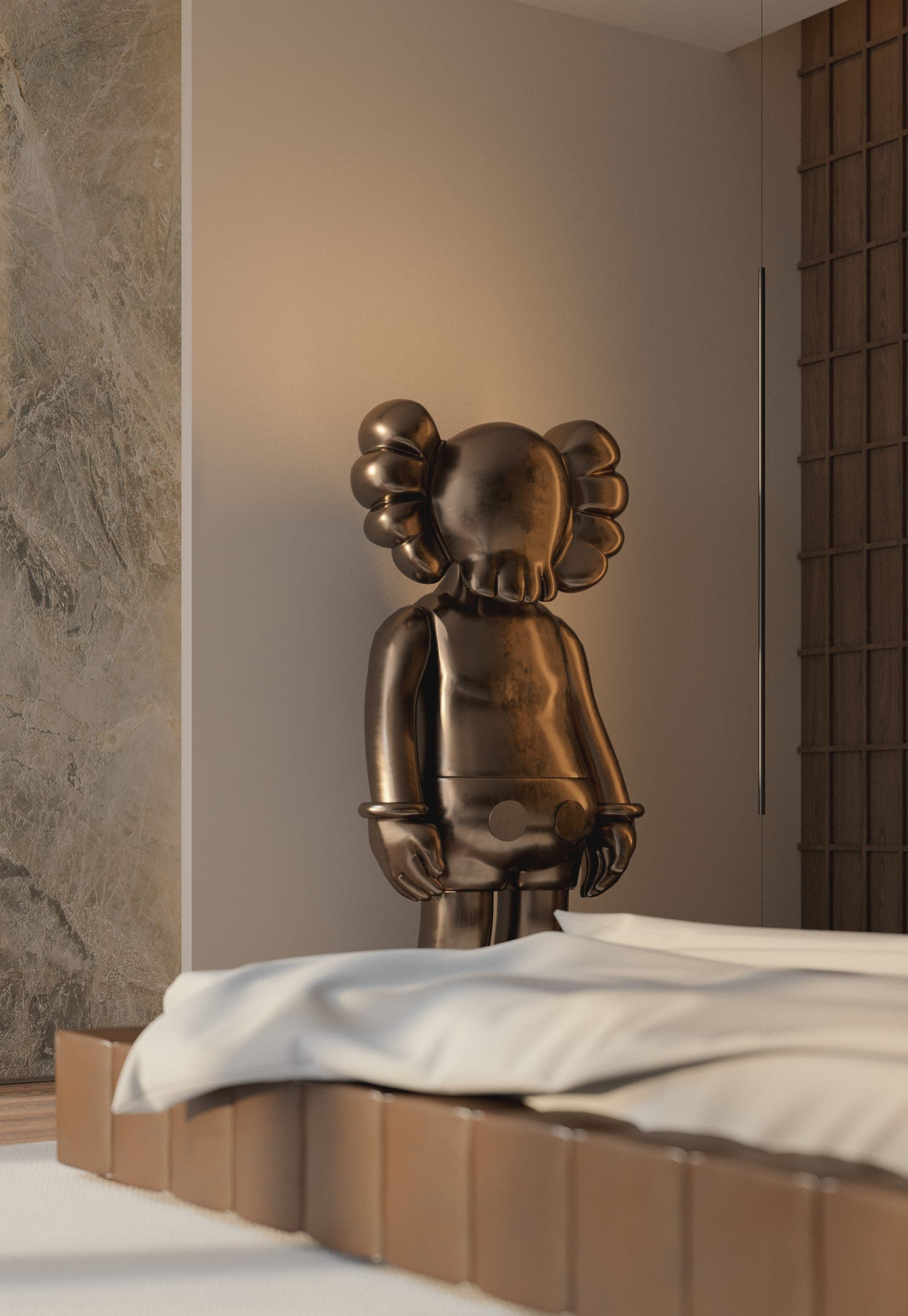 Opera Residence Apartment: bronze art figure standing at the foot of the bed