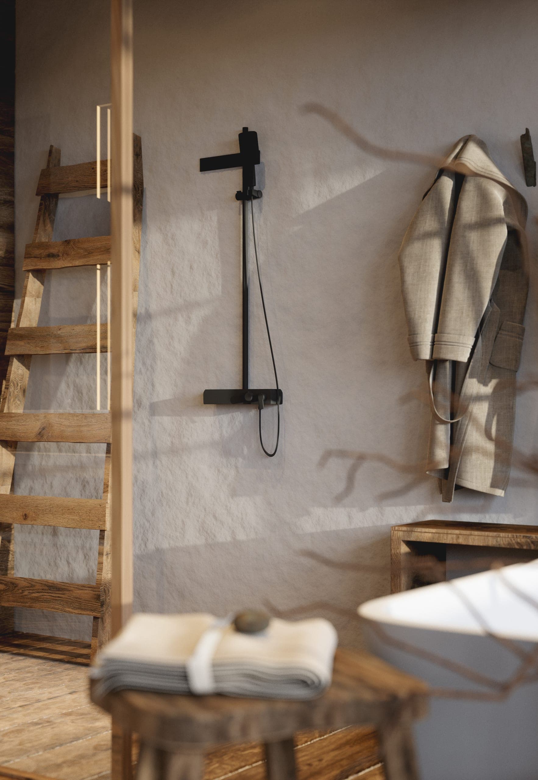 Matca private villa: shower with a timber ladder and a hanging robe