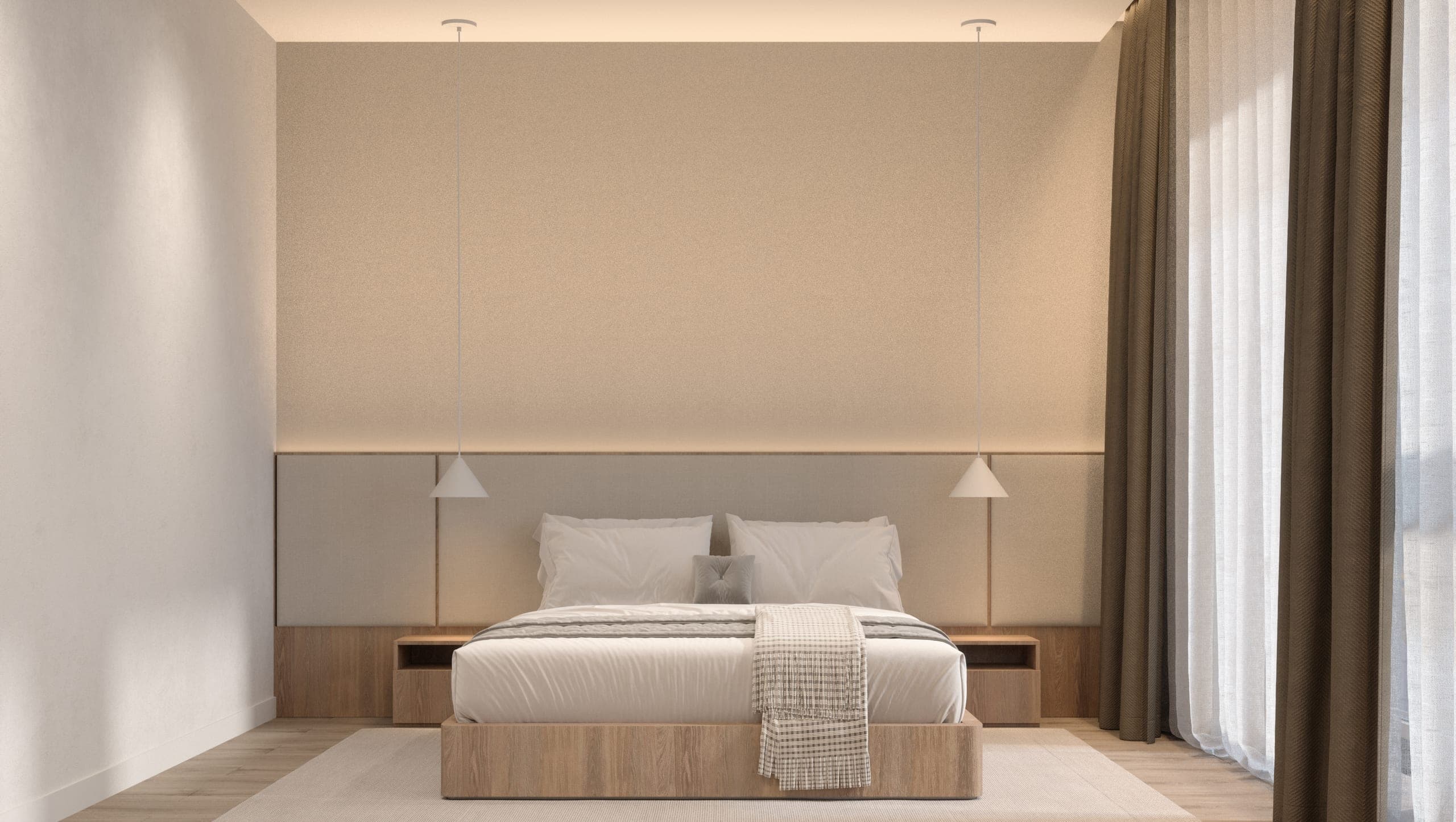 Băneasa House: bedroom with a timber platform bed, upholstered wall panel and small pendant lights