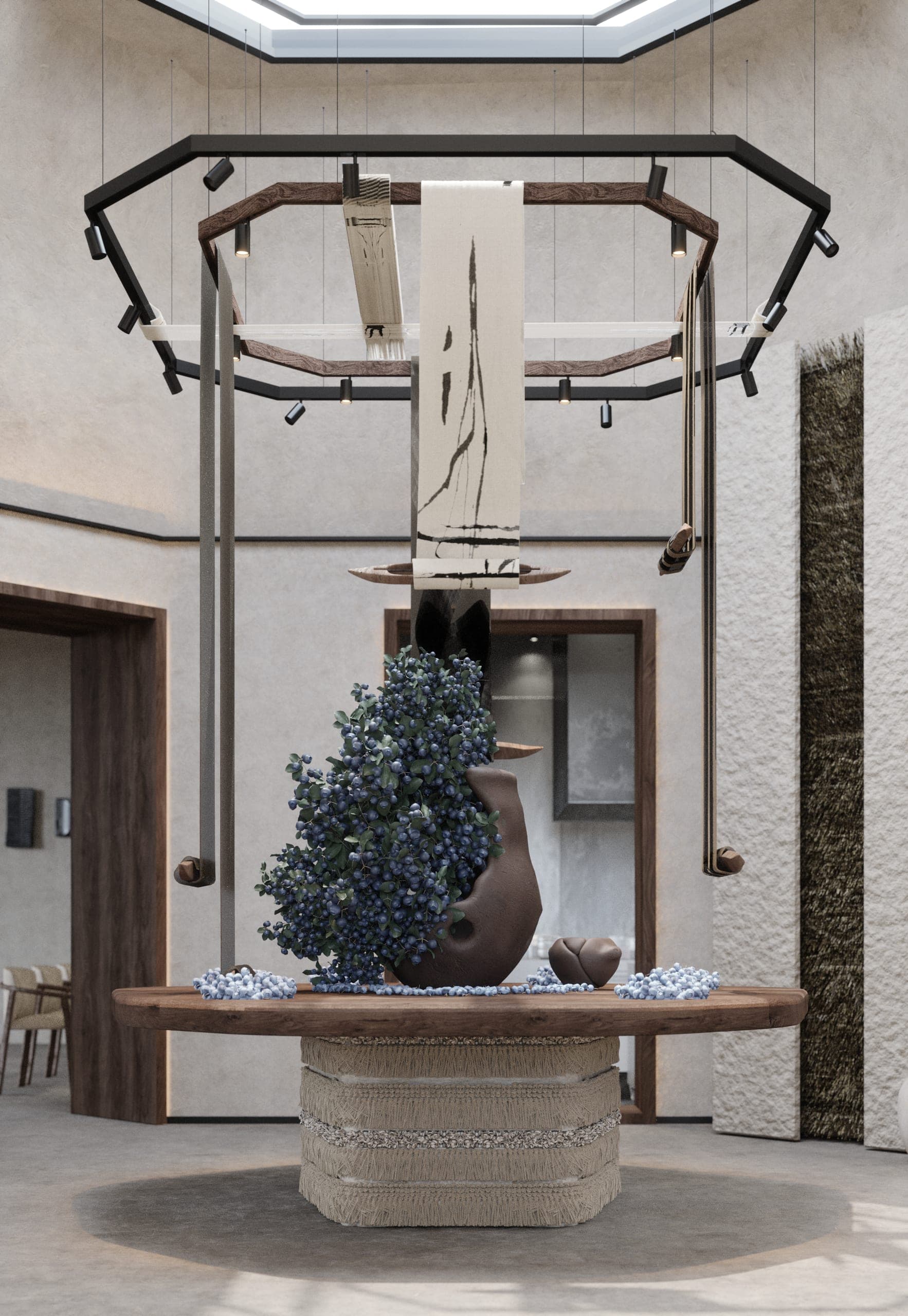 éto: central display table with a blue floral arrangement under a suspended metal frame