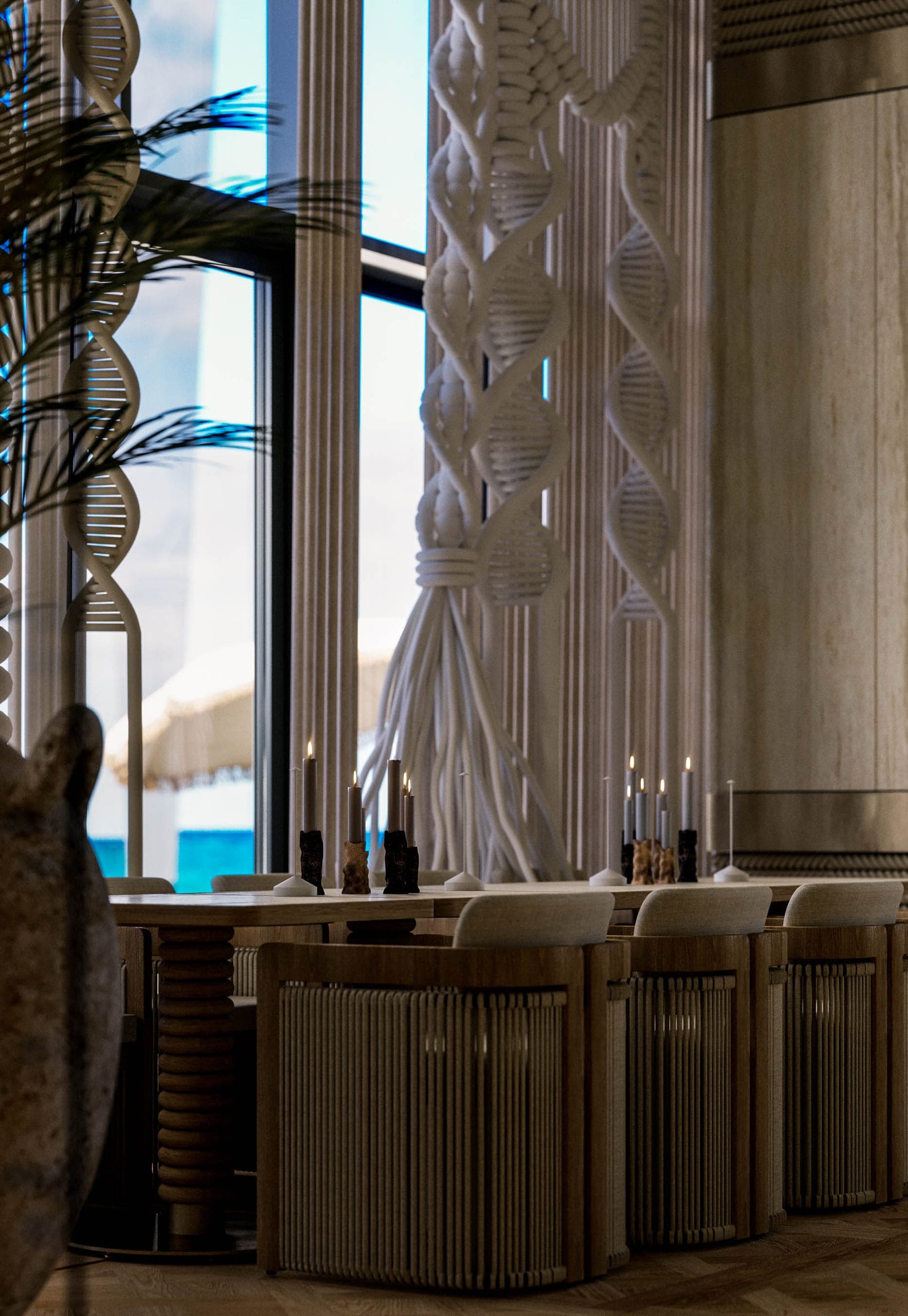 Opera Residence Restaurant: rope-wrapped column and bar stools with the sea beyond