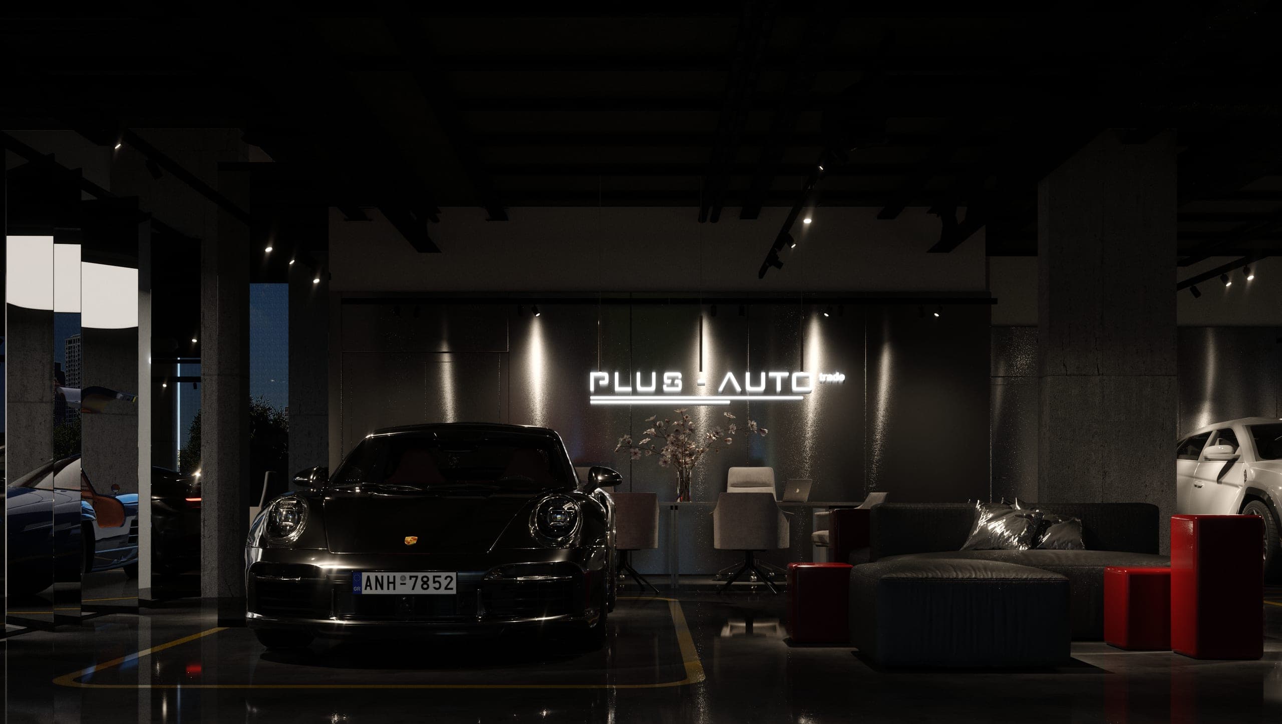 Plus Auto: showroom floor with a black sports car, lounge seating and the Plus Auto sign