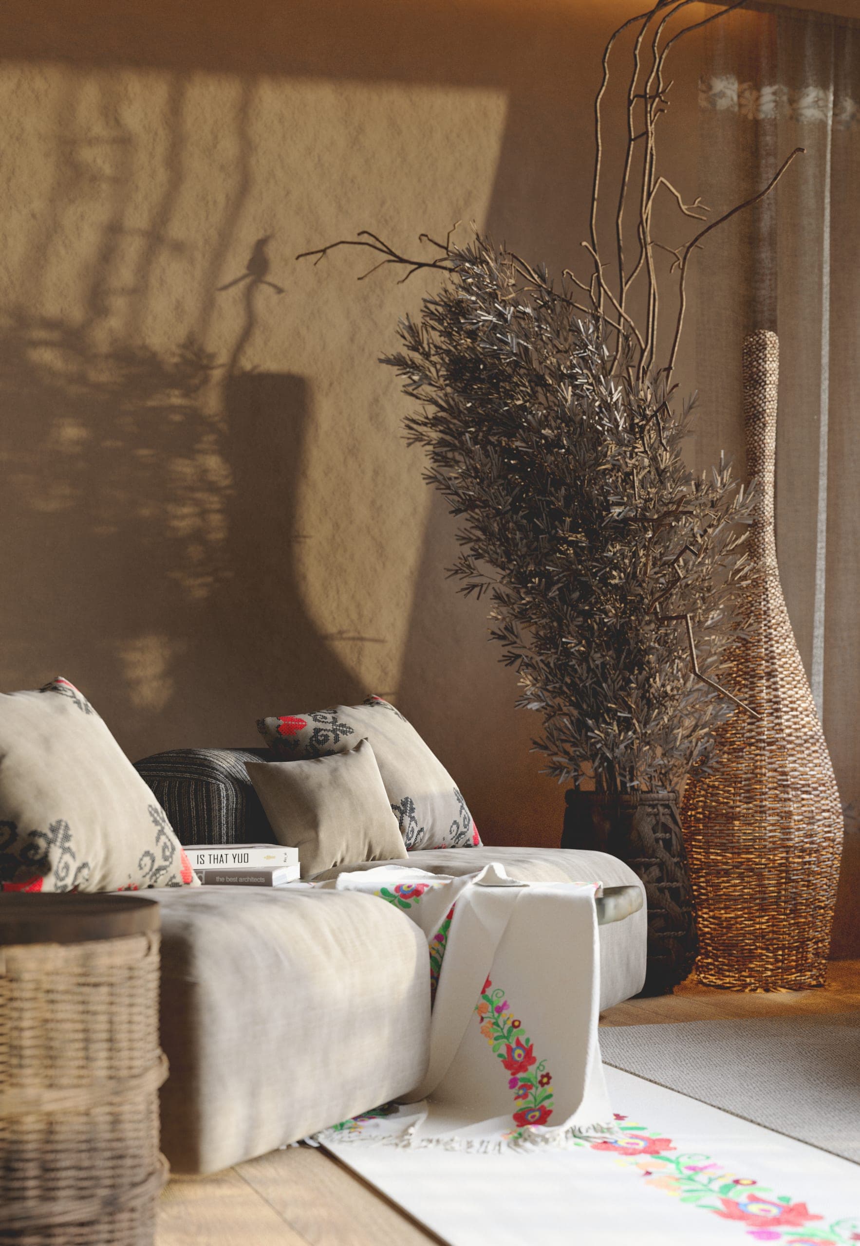 Natura Spa: relaxation corner with a sofa and tall dried branches