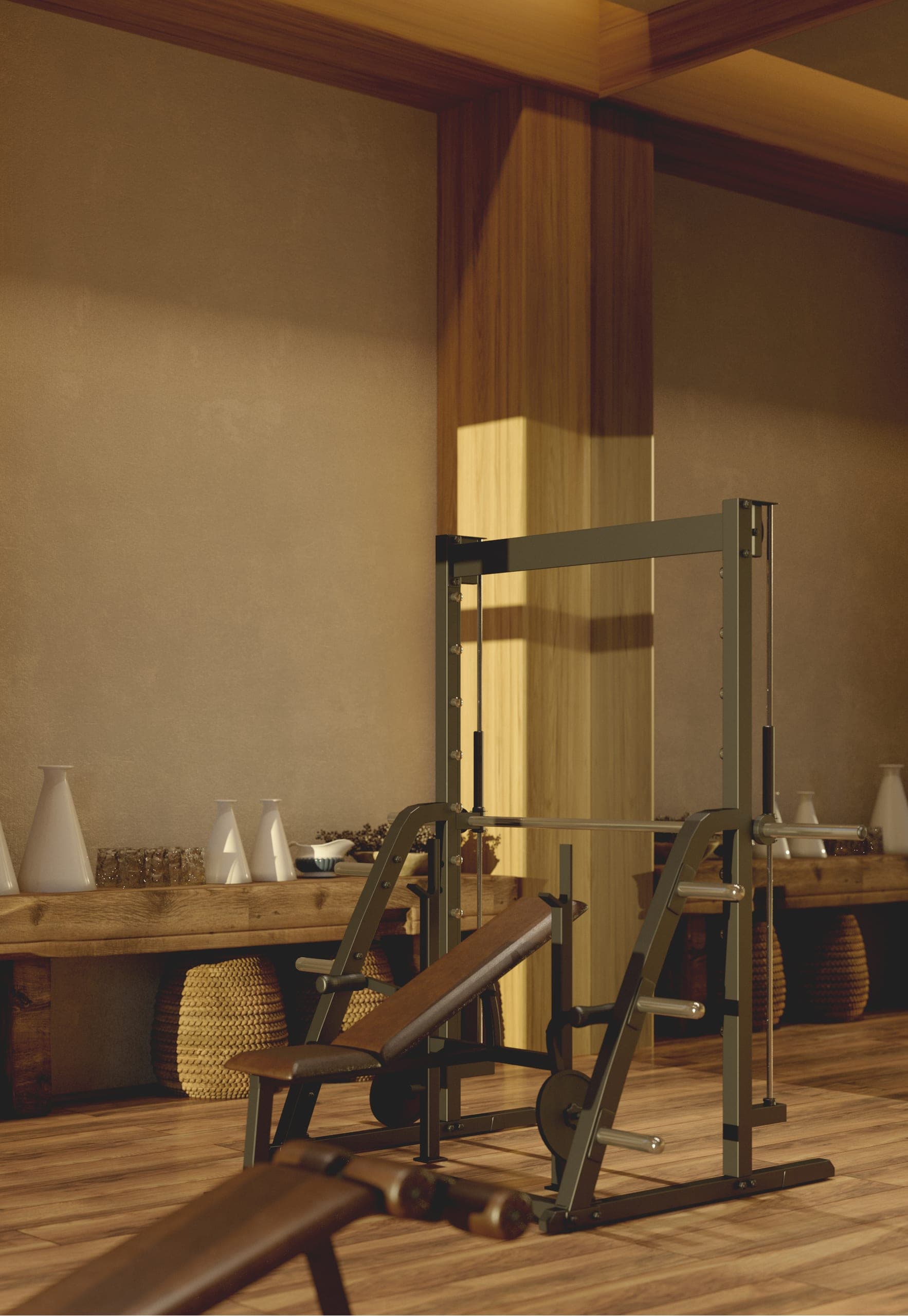 Fitness Studio: weight bench and rack beside a timber column