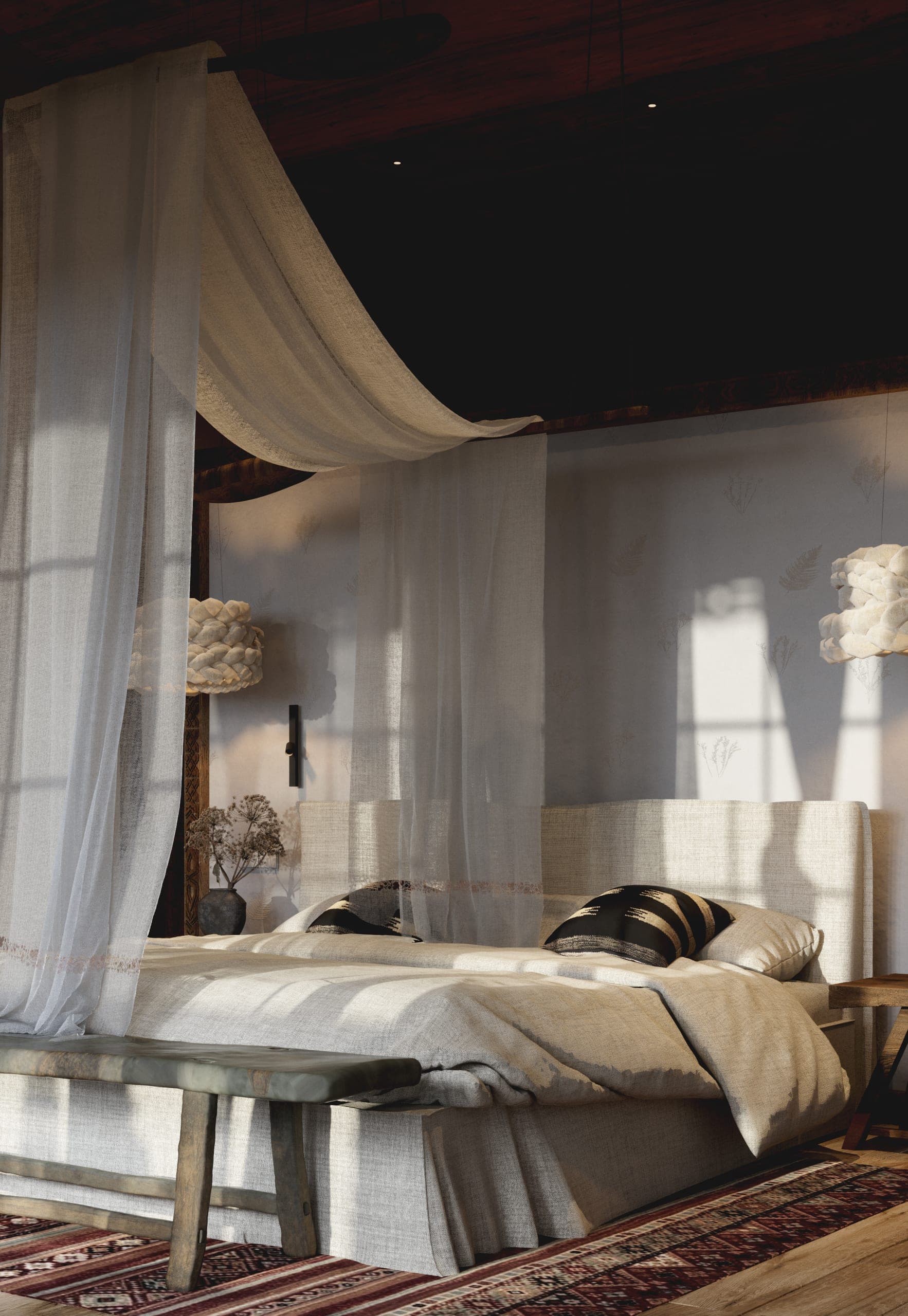 Matca private villa: bed beneath a sheer canopy