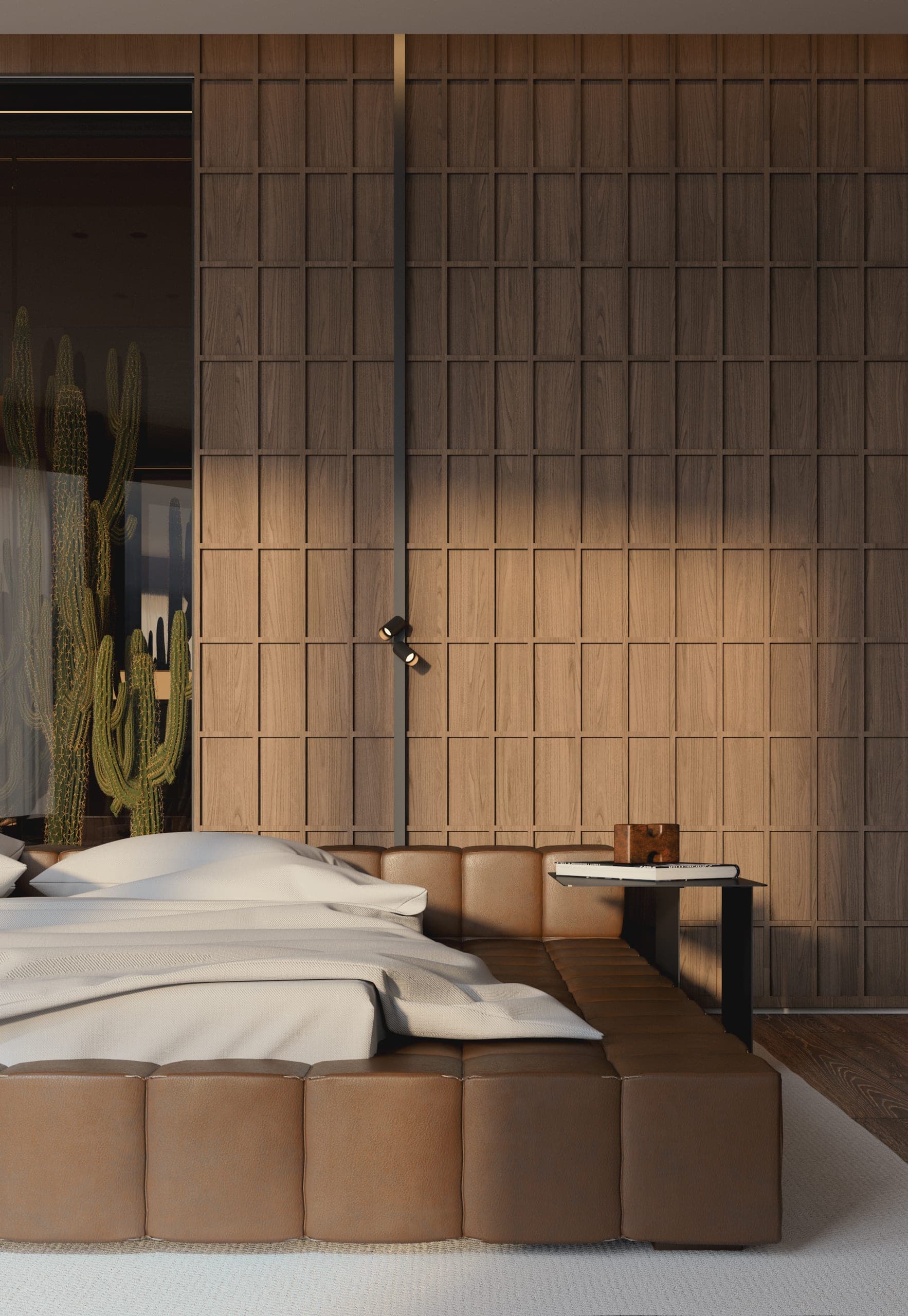 Opera Residence Apartment: bedroom with a low upholstered bed against a timber-panelled wall and cactus garden