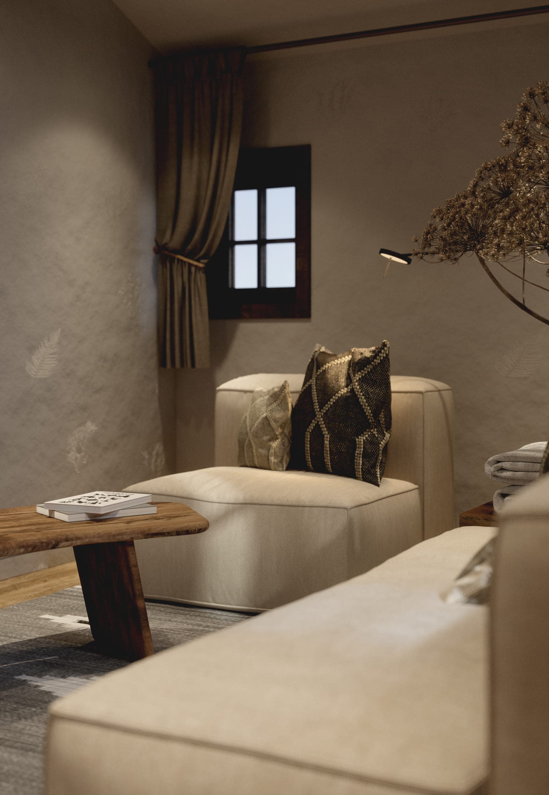 Matca guest room: sofa corner beneath a small window