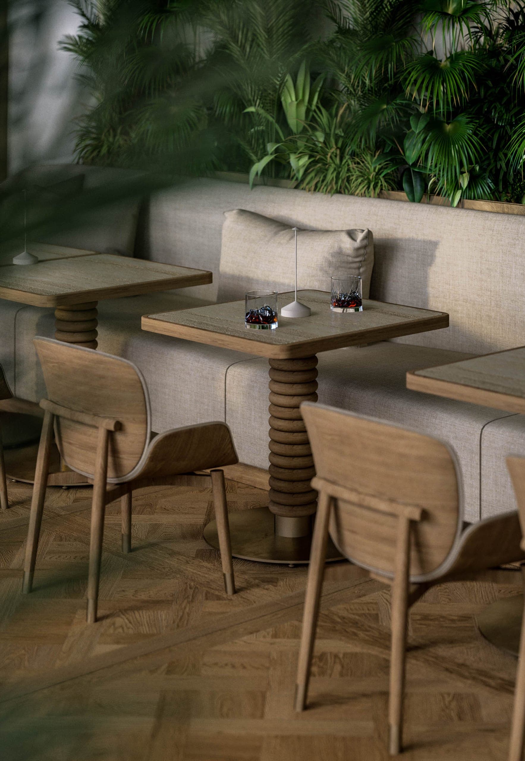 Opera Residence Restaurant: timber dining chairs and a banquette on herringbone flooring, planting behind