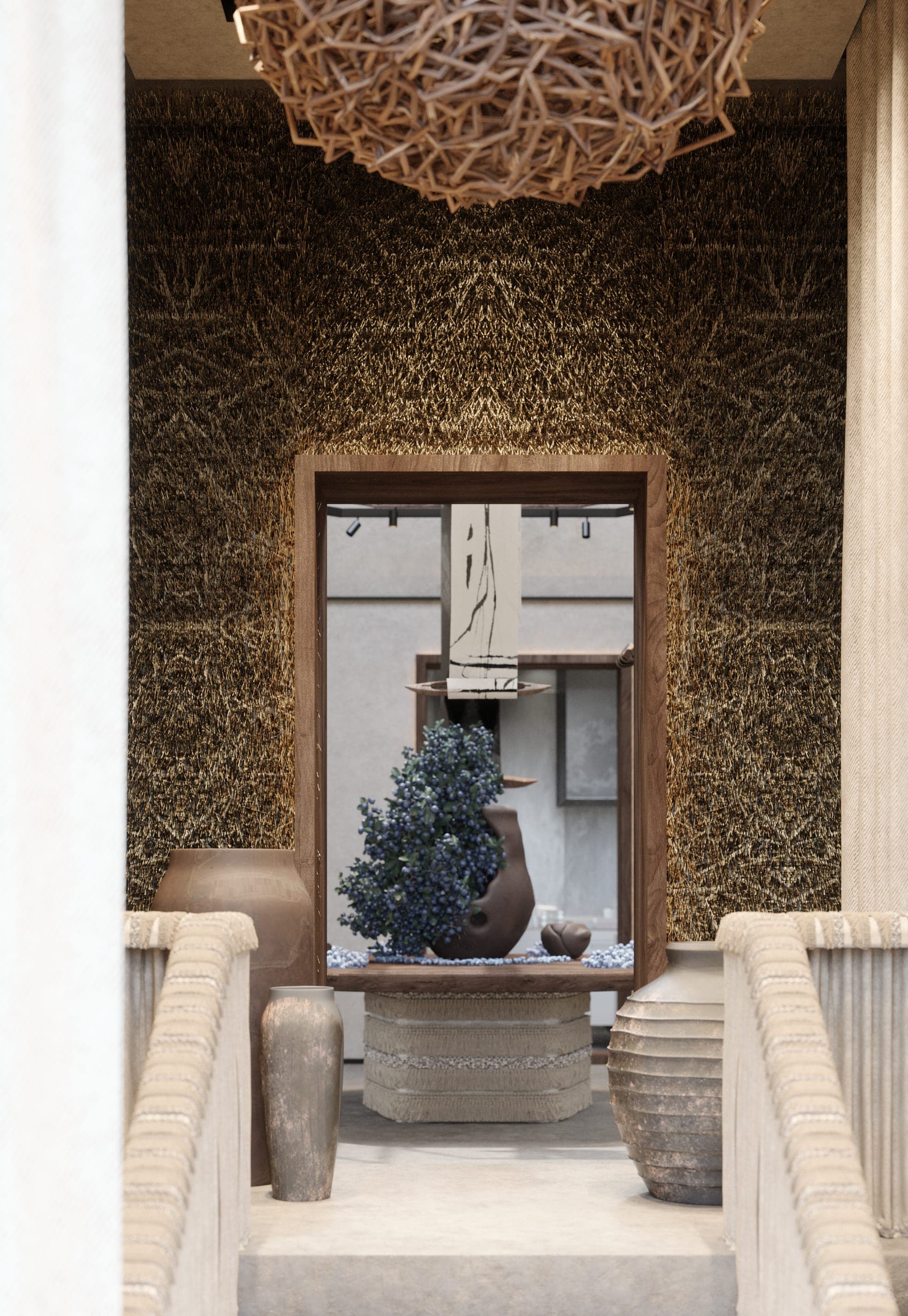 éto: view through a straw-lined doorway to the central display table
