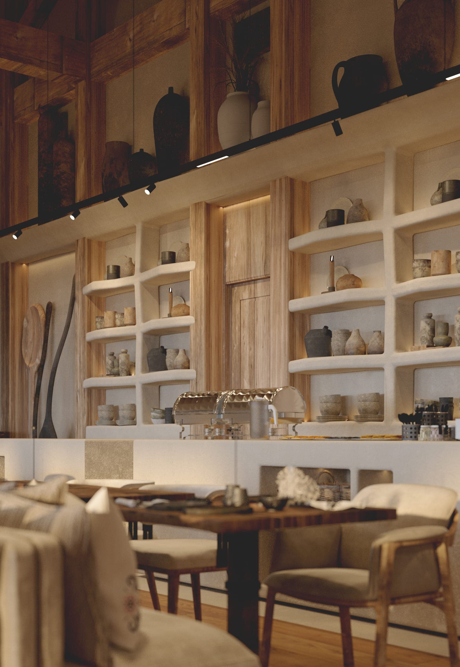 Stup Restaurant: shelving wall with ceramics above a buffet counter