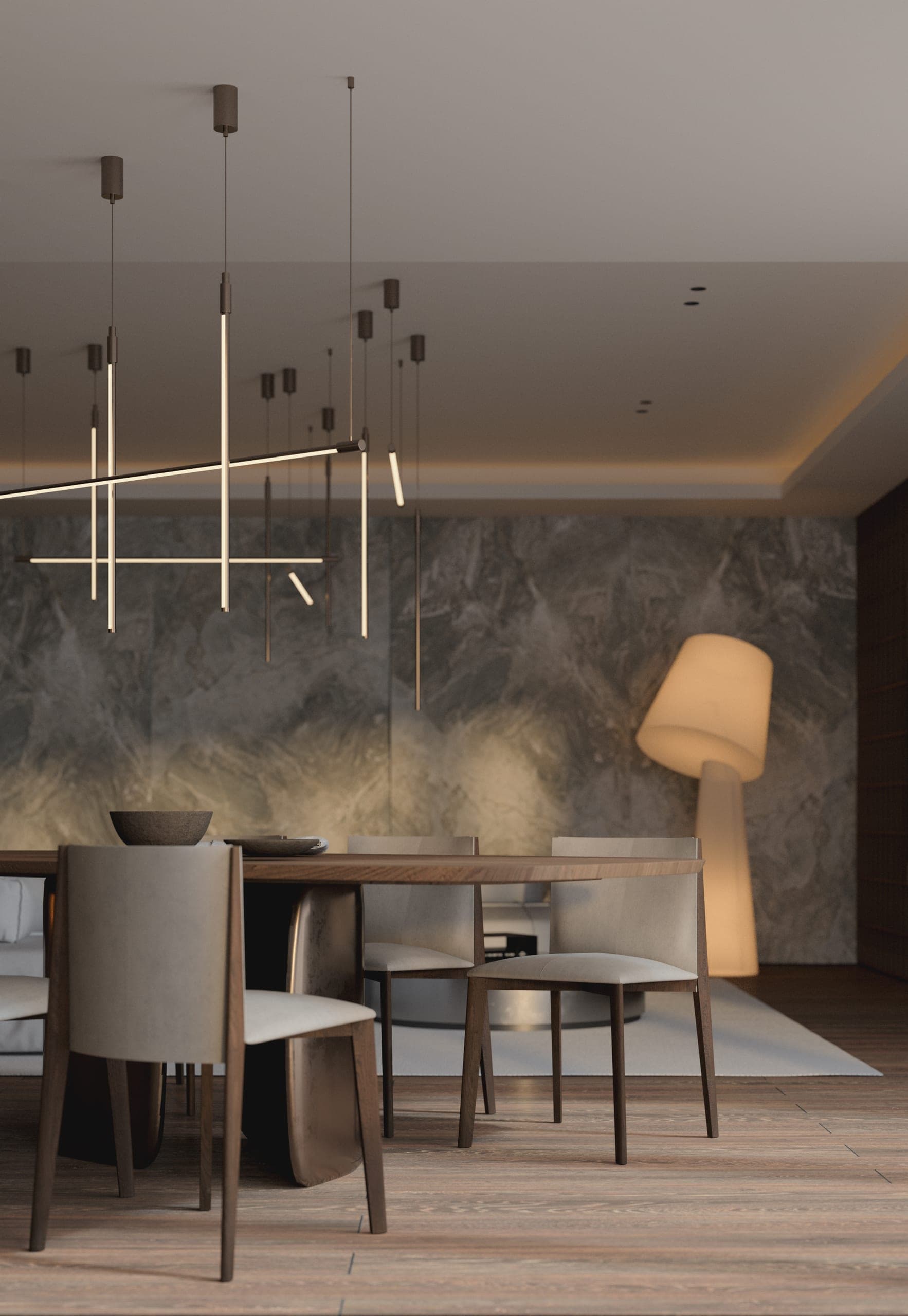 Opera Residence Apartment: dining table beneath a linear chandelier