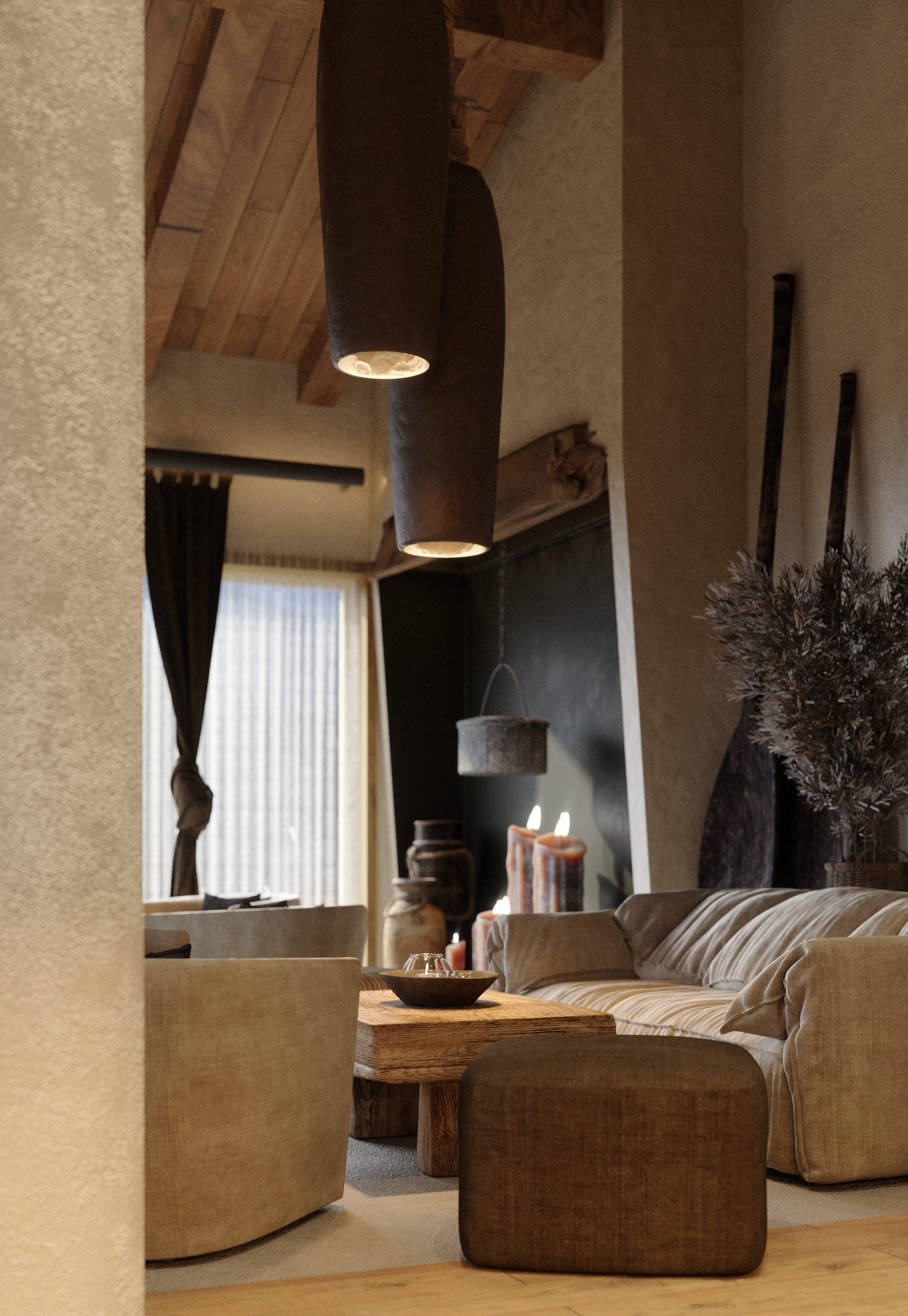 Matca lounge: seating group by the fireplace under a timber roof