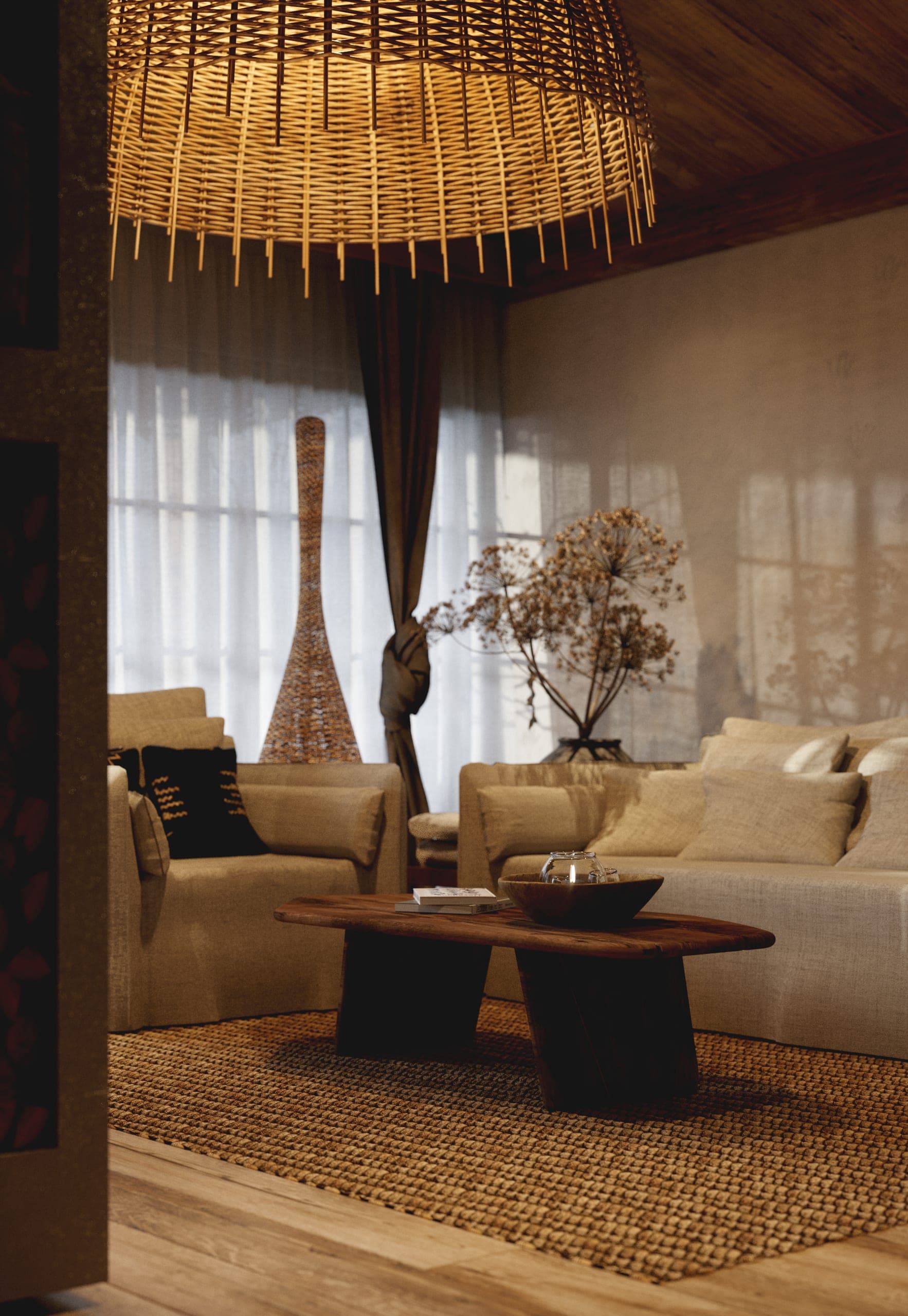 Matca private villa: sitting area with a woven pendant, sofas and a timber coffee table