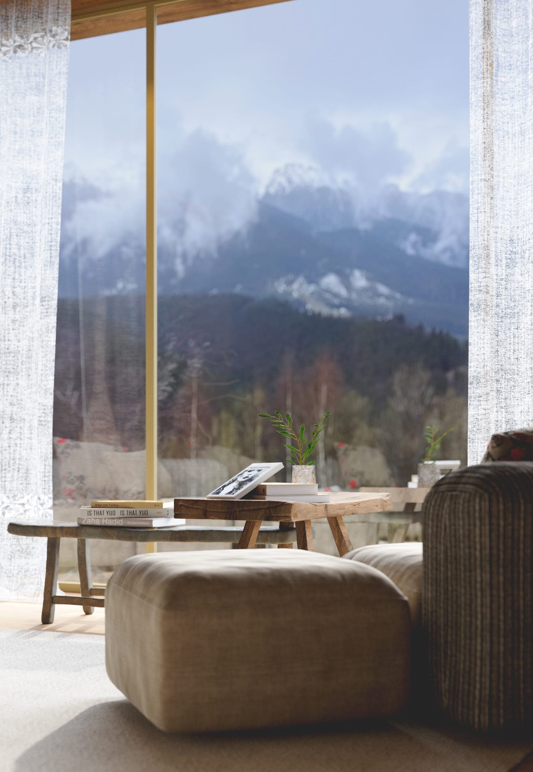 Natura Spa: lounge seat facing a floor-to-ceiling window onto snow-capped mountains
