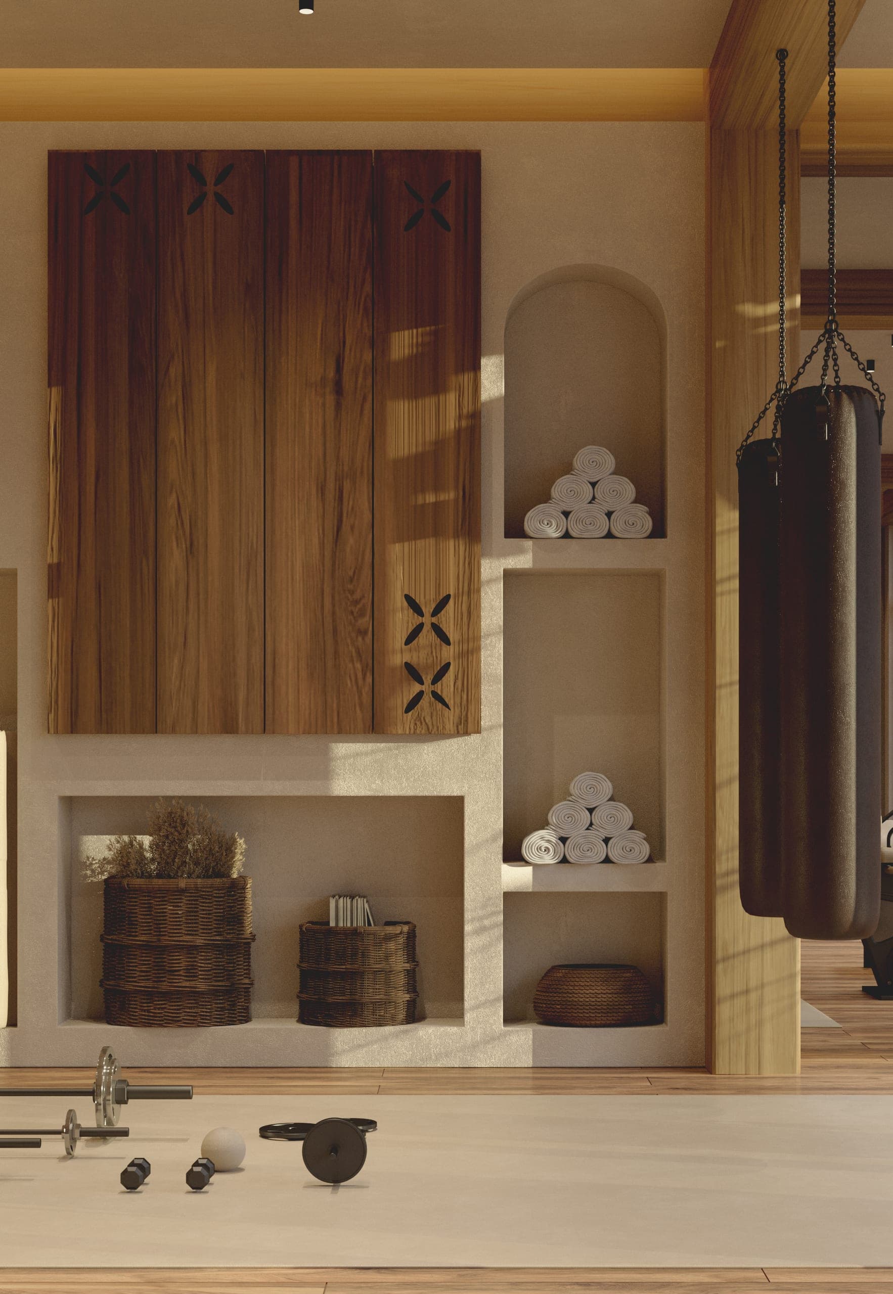 Fitness Studio: timber cabinet, towel niches and a punching bag