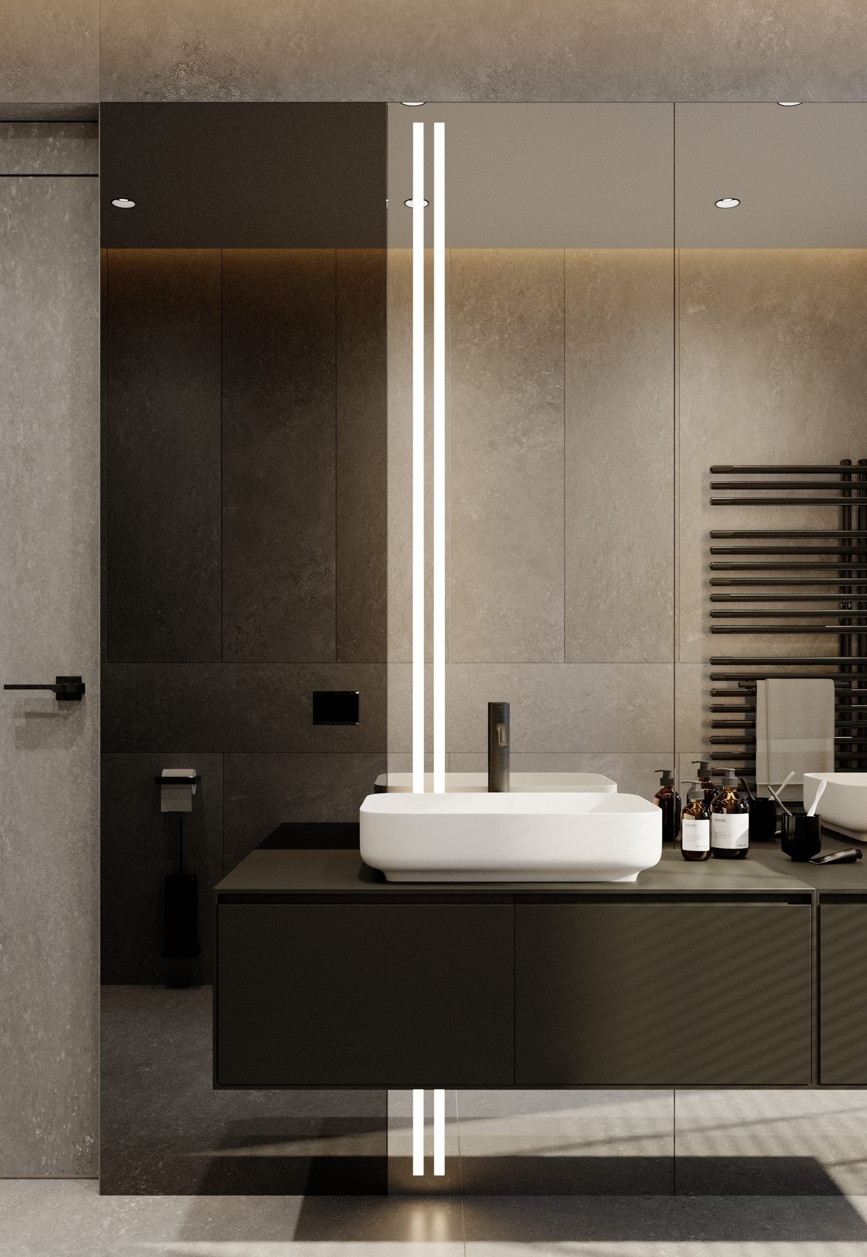 Pitești Apartment: white basin on a dark vanity against grey stone and a mirrored cabinet