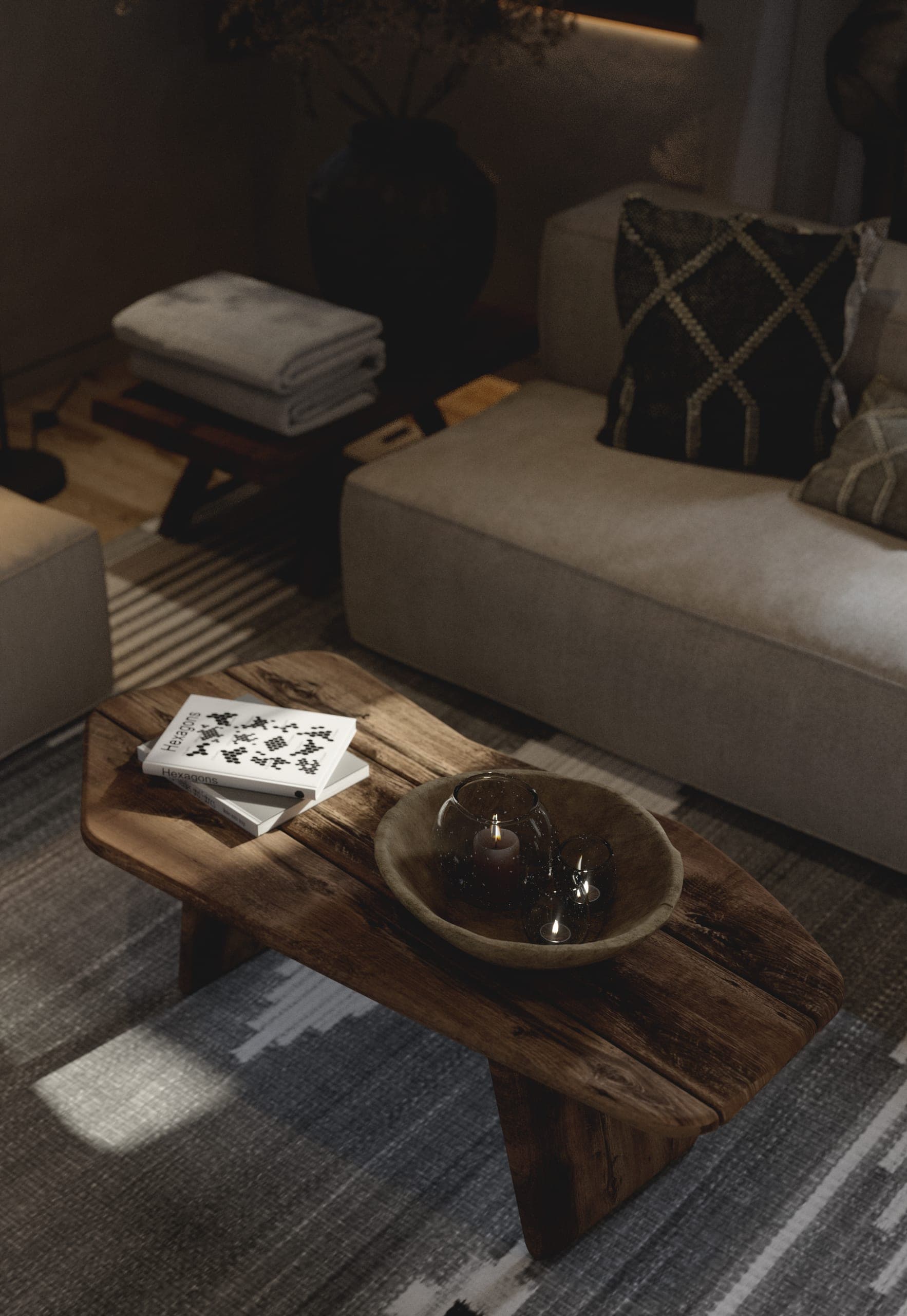 Matca guest room: coffee table with a wooden bowl, seen from above