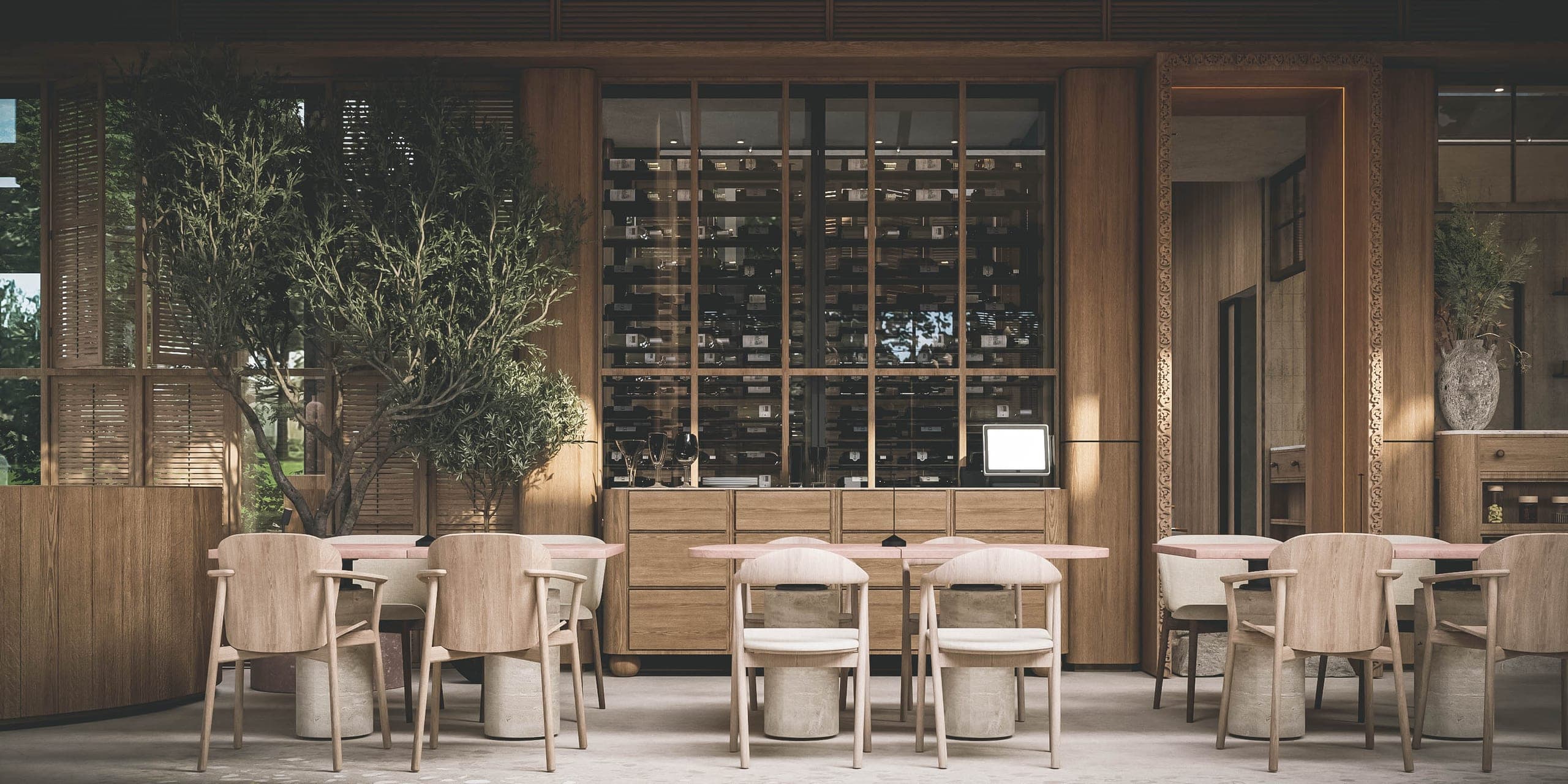 Bosco: tables in front of a glazed wine wall