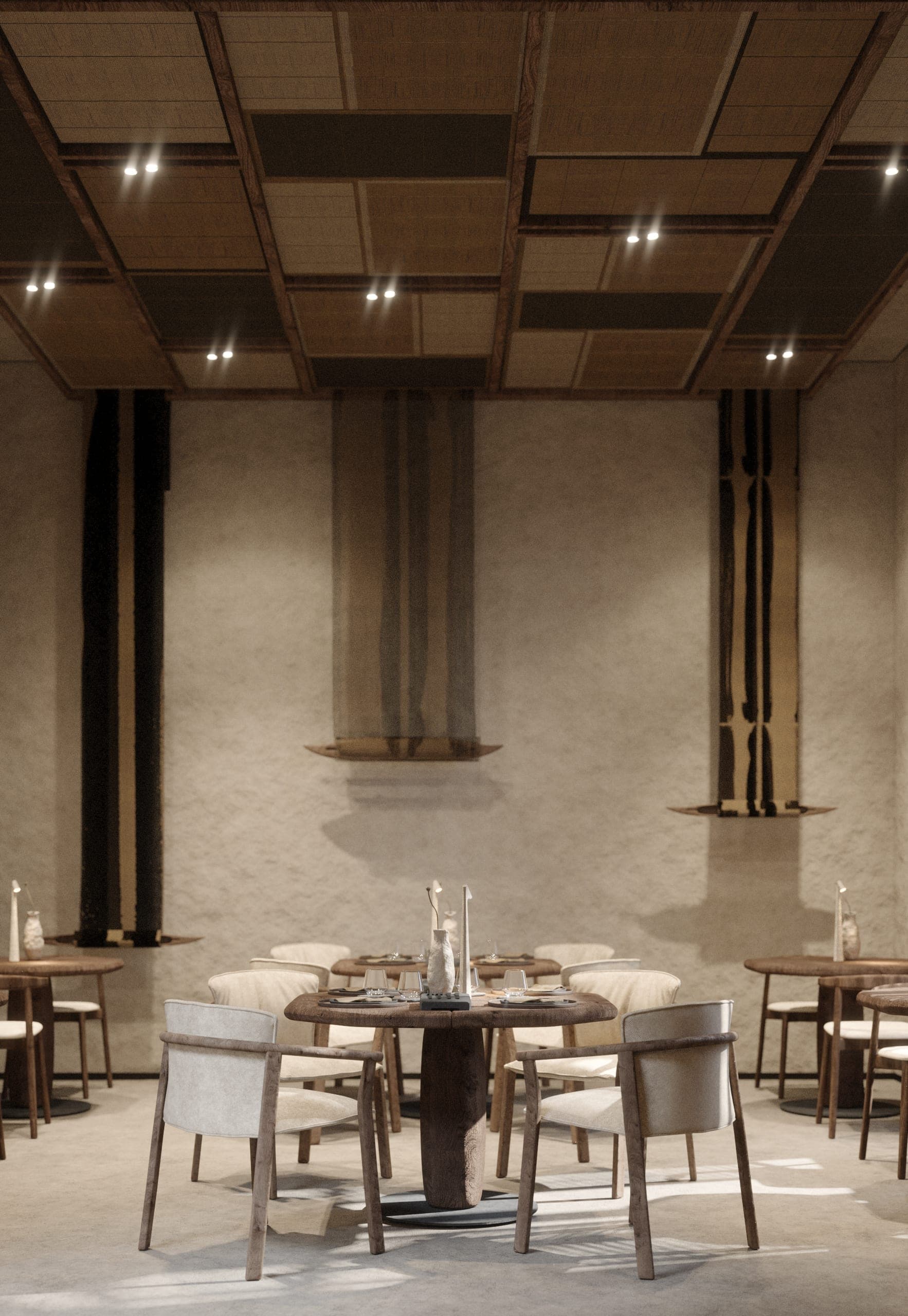 éto: dining room with textured plaster walls, woven hangings and a coffered woven ceiling