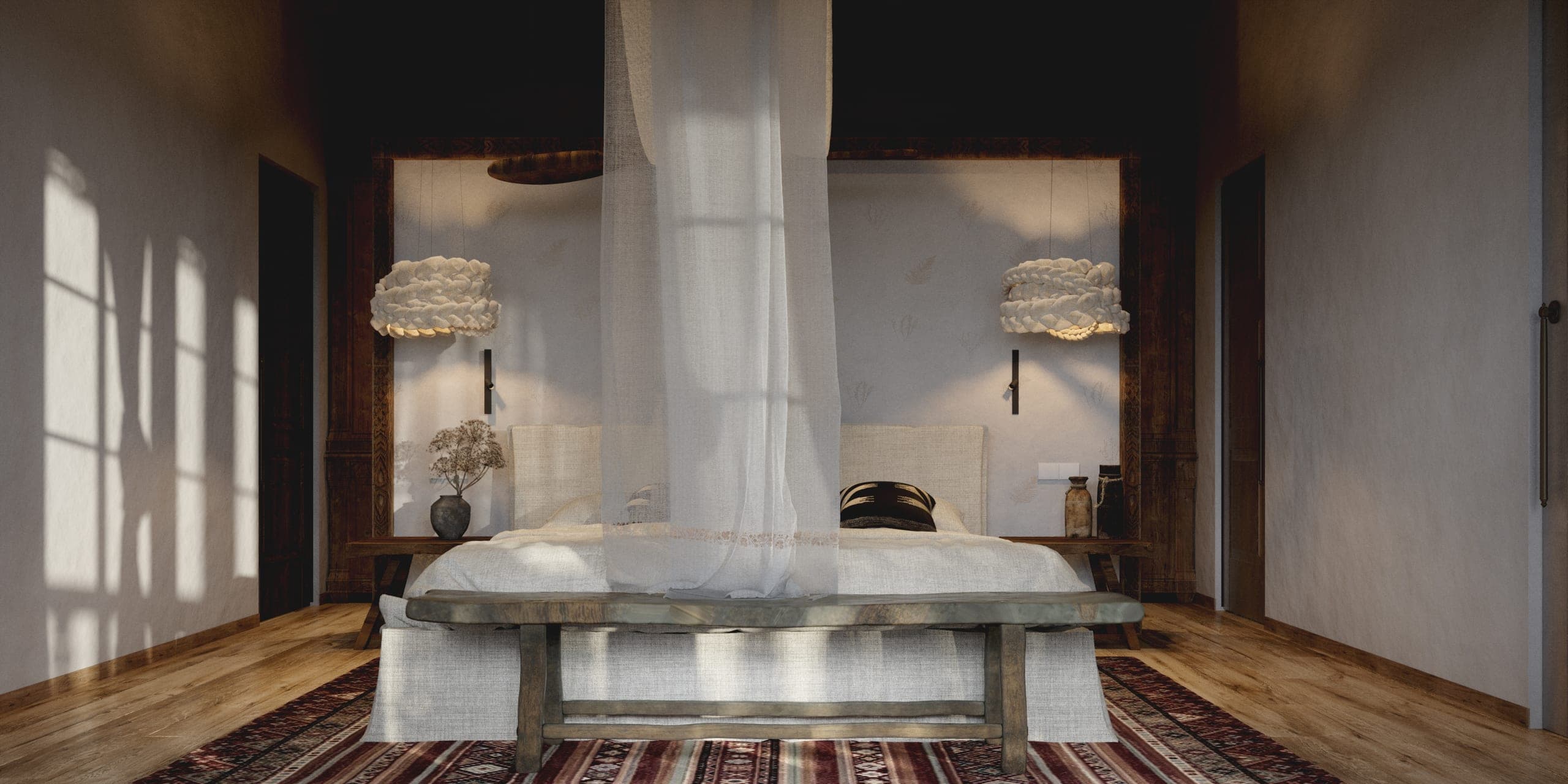 Matca private villa: bedroom with a draped canopy and woven pendants either side