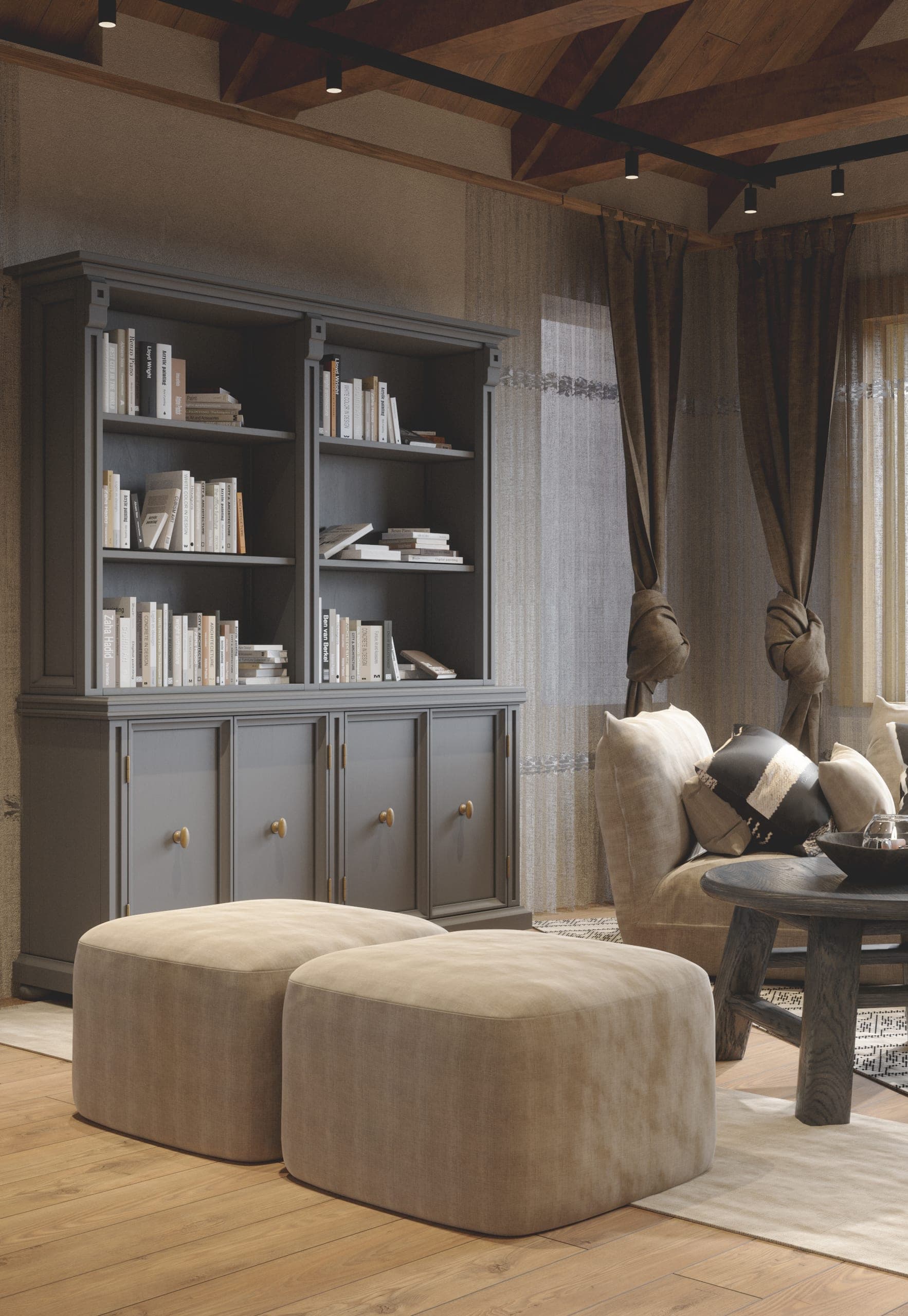 Matca lobby: grey bookcase with ottomans and a sofa