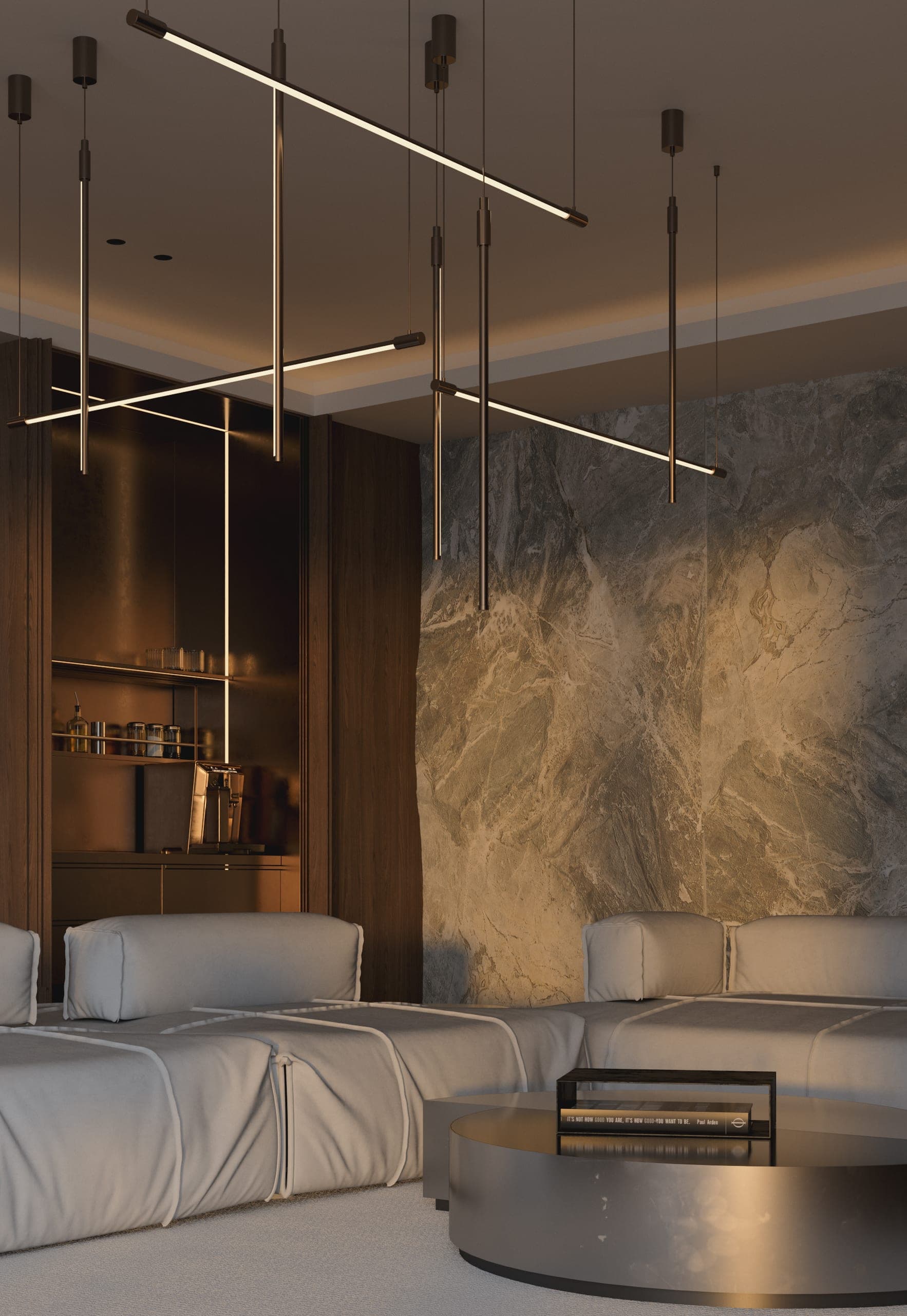 Opera Residence Apartment: living area with linear pendants and a stone wall