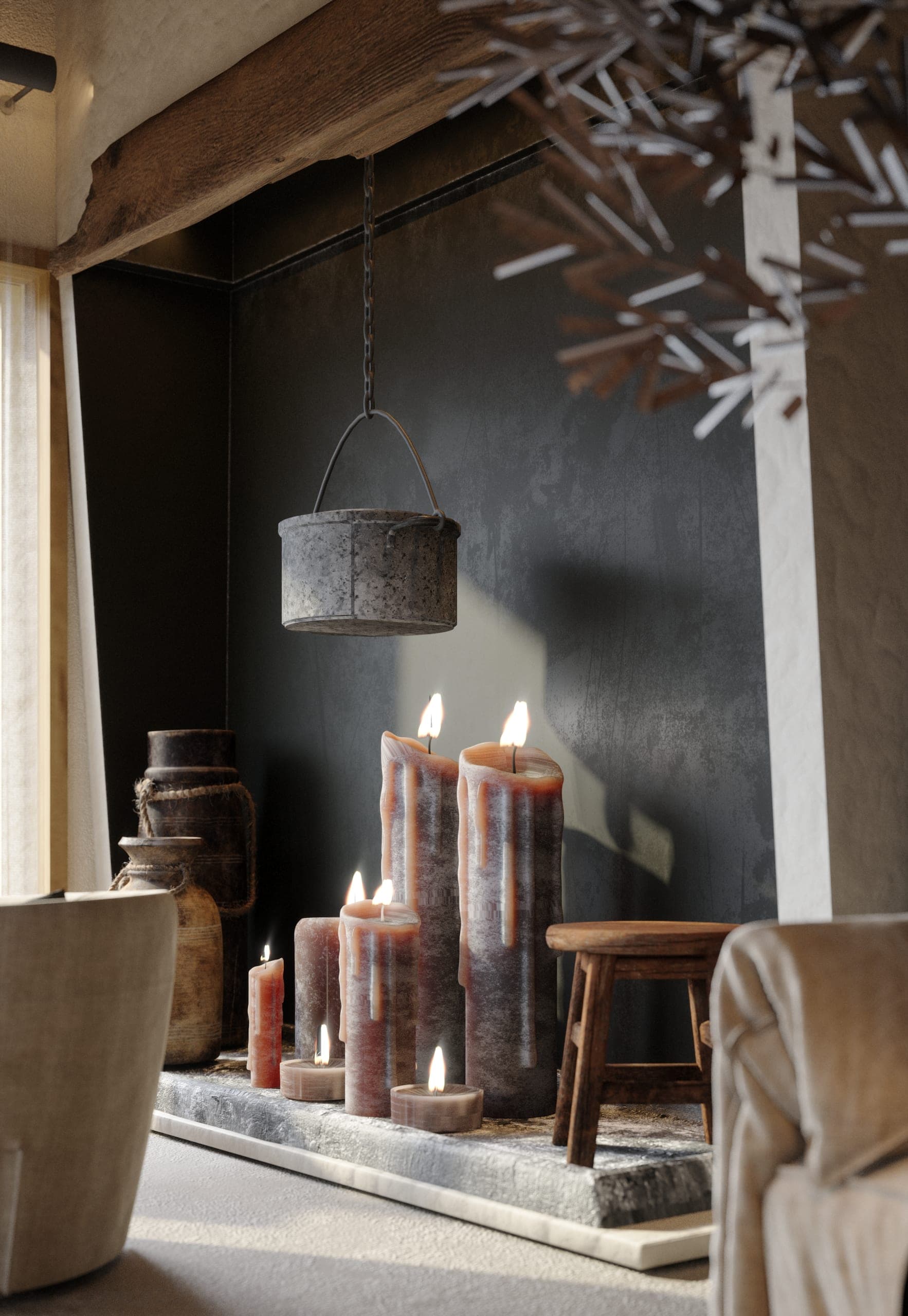 Matca lounge: candles in the open fireplace