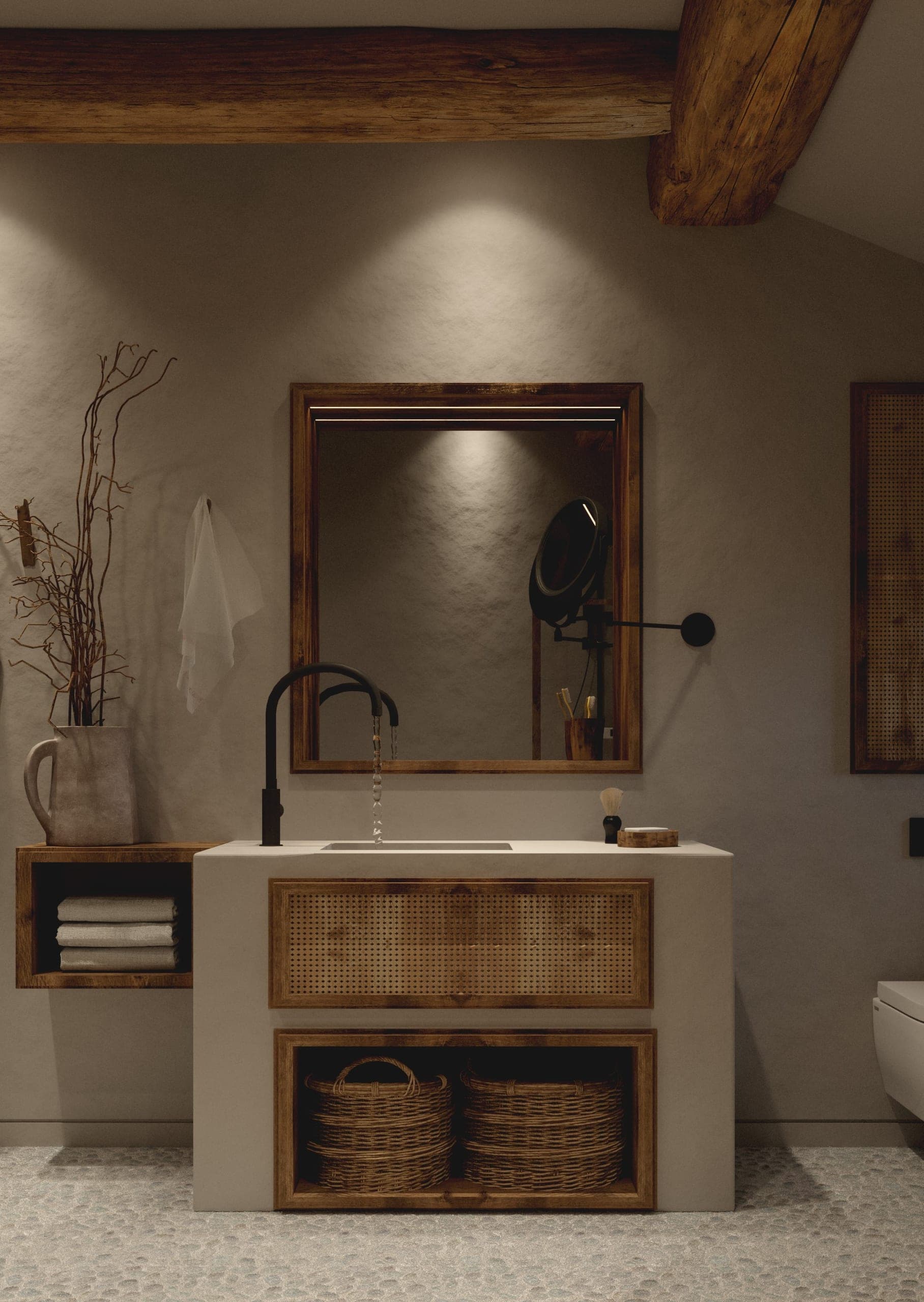 Matca guest room: bathroom vanity in timber and stone with a framed mirror