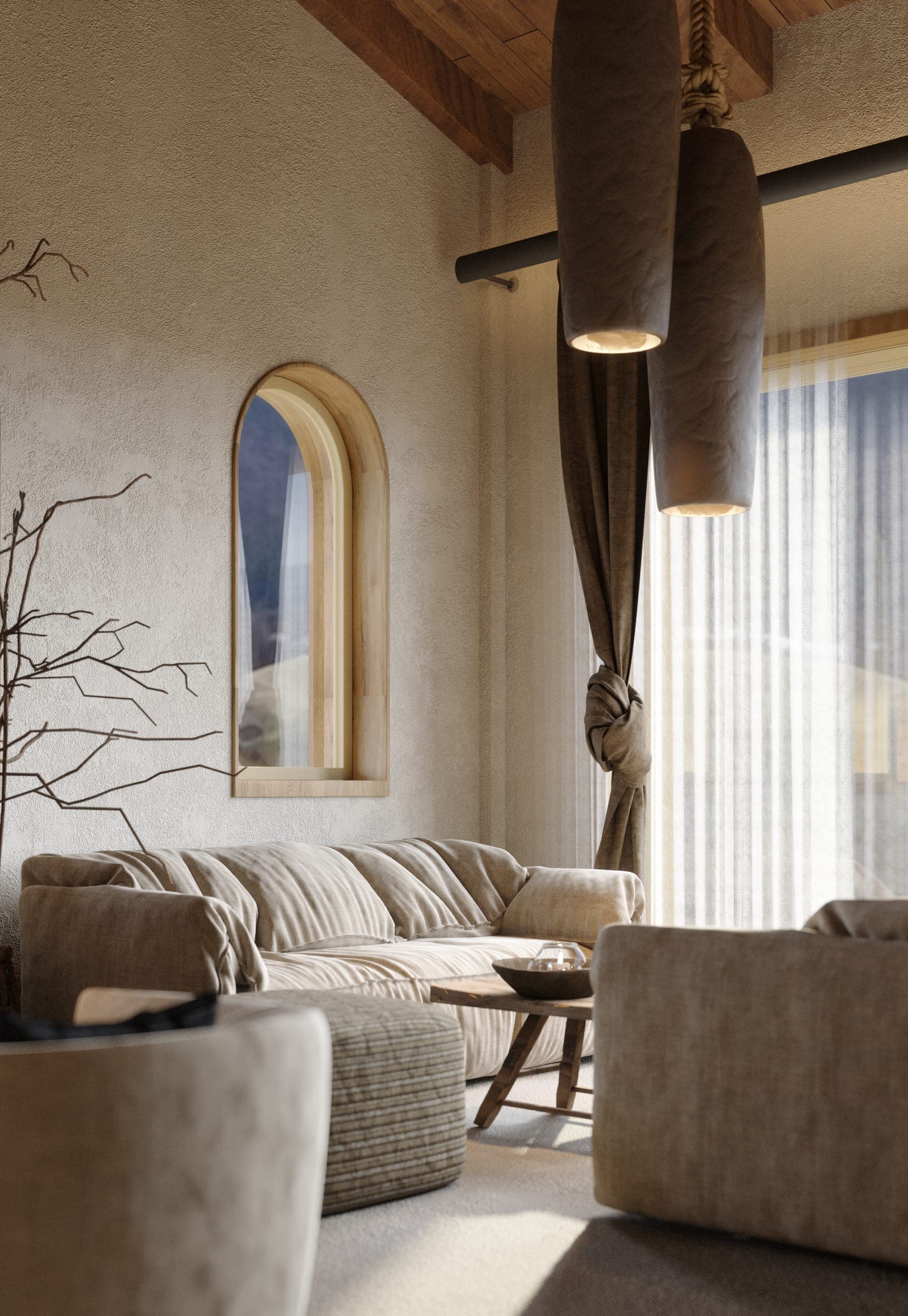 Matca lounge: sofas beside an arched window with tied linen curtains