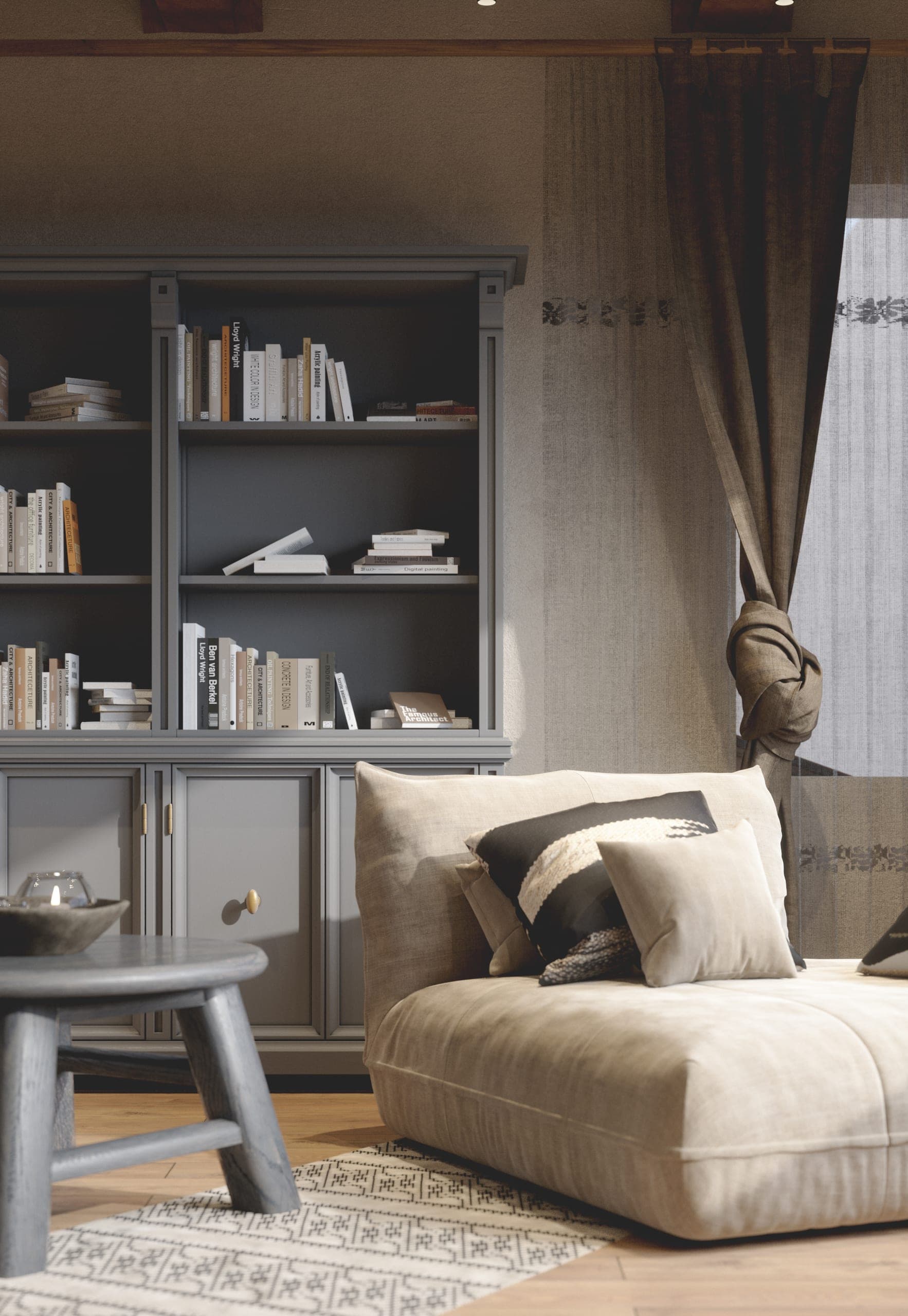 Matca lobby: sofa beside a bookcase and a low round table