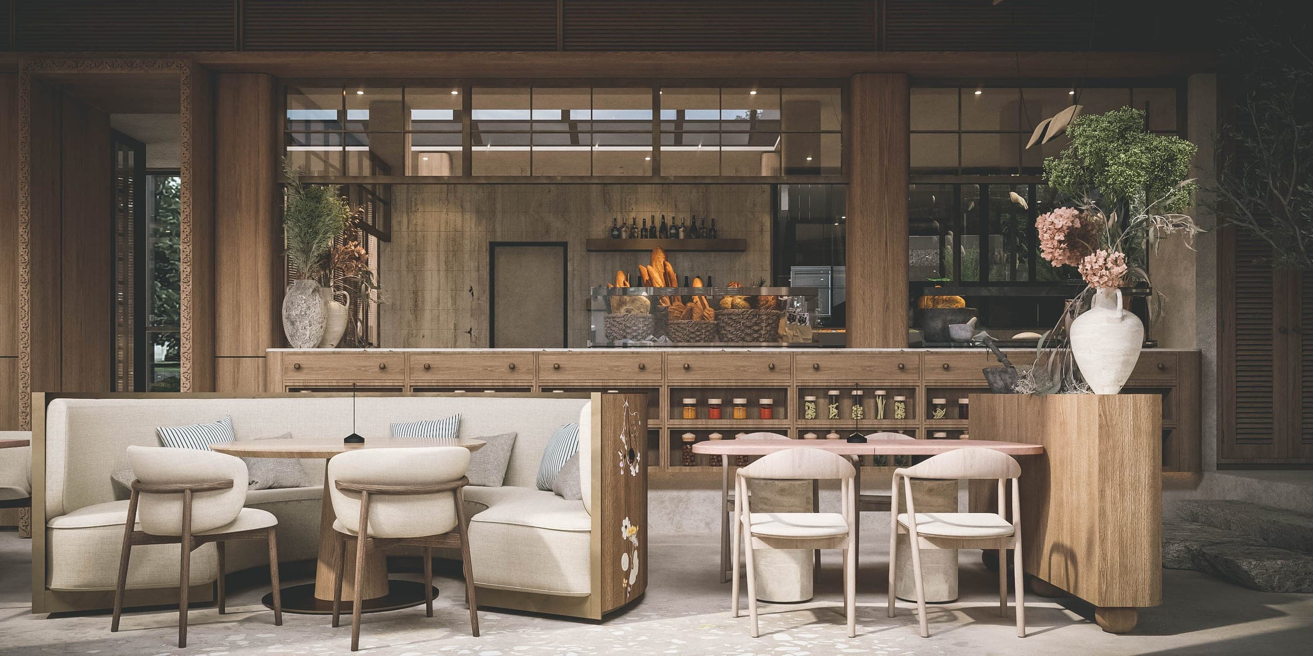 Bosco: bar and lounge seating in natural wood and travertine tones
