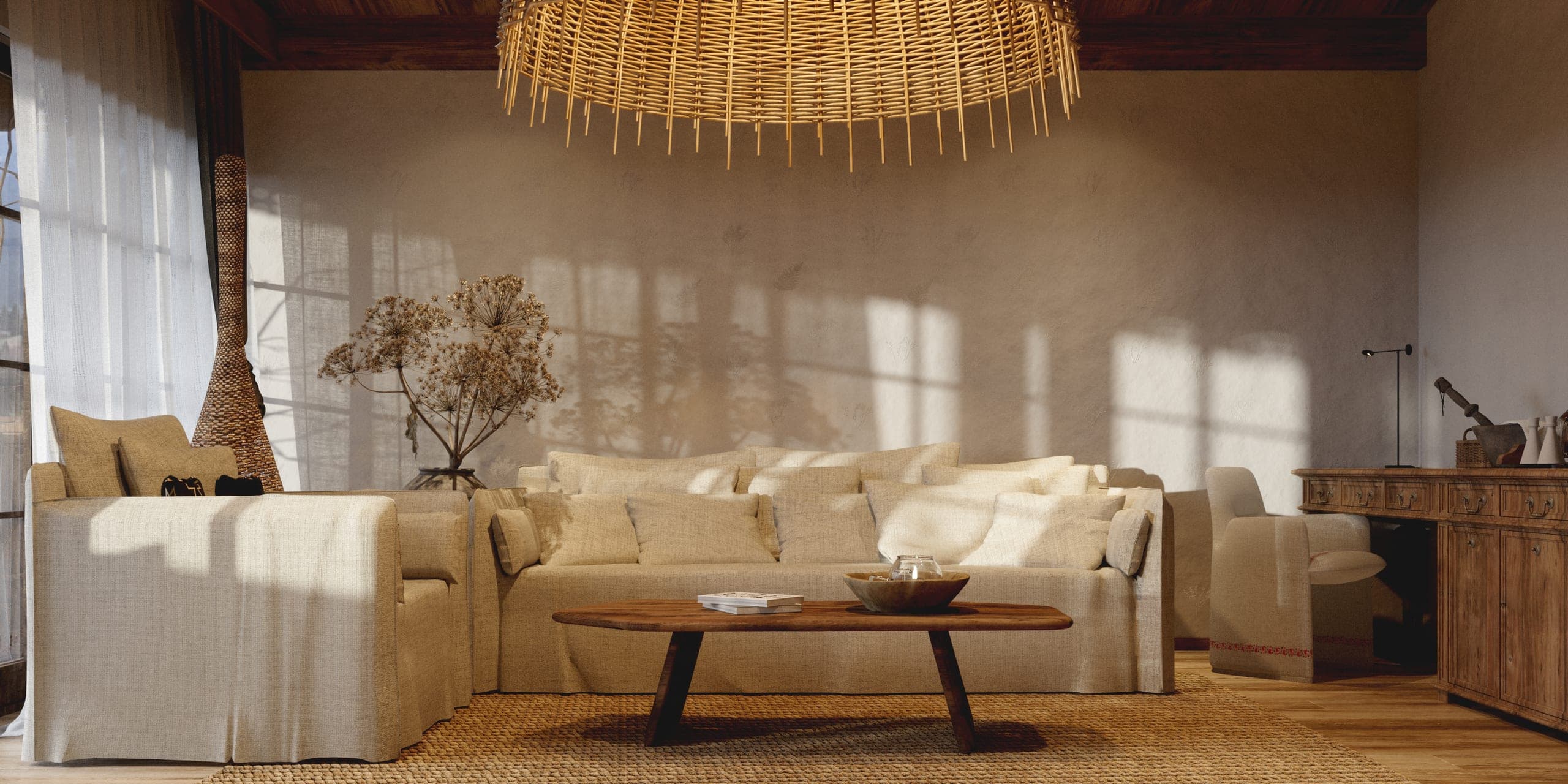 Matca private villa: living room with a woven pendant, cream sofas and timber beams