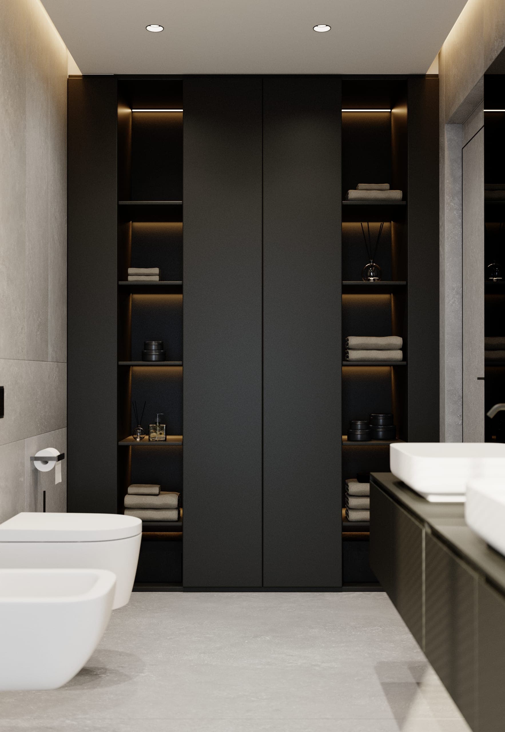 Pitești Apartment: bathroom with dark open shelving