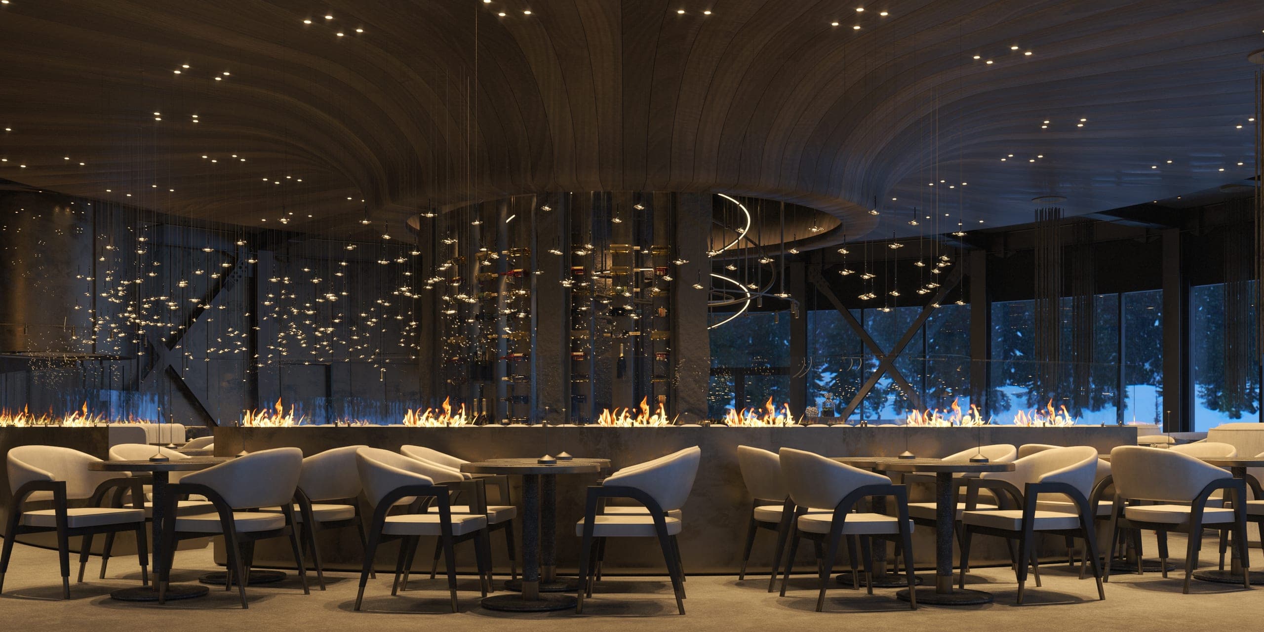 Hotel Peștera restaurant: dining room with a linear fireplace and scattered pendant lights