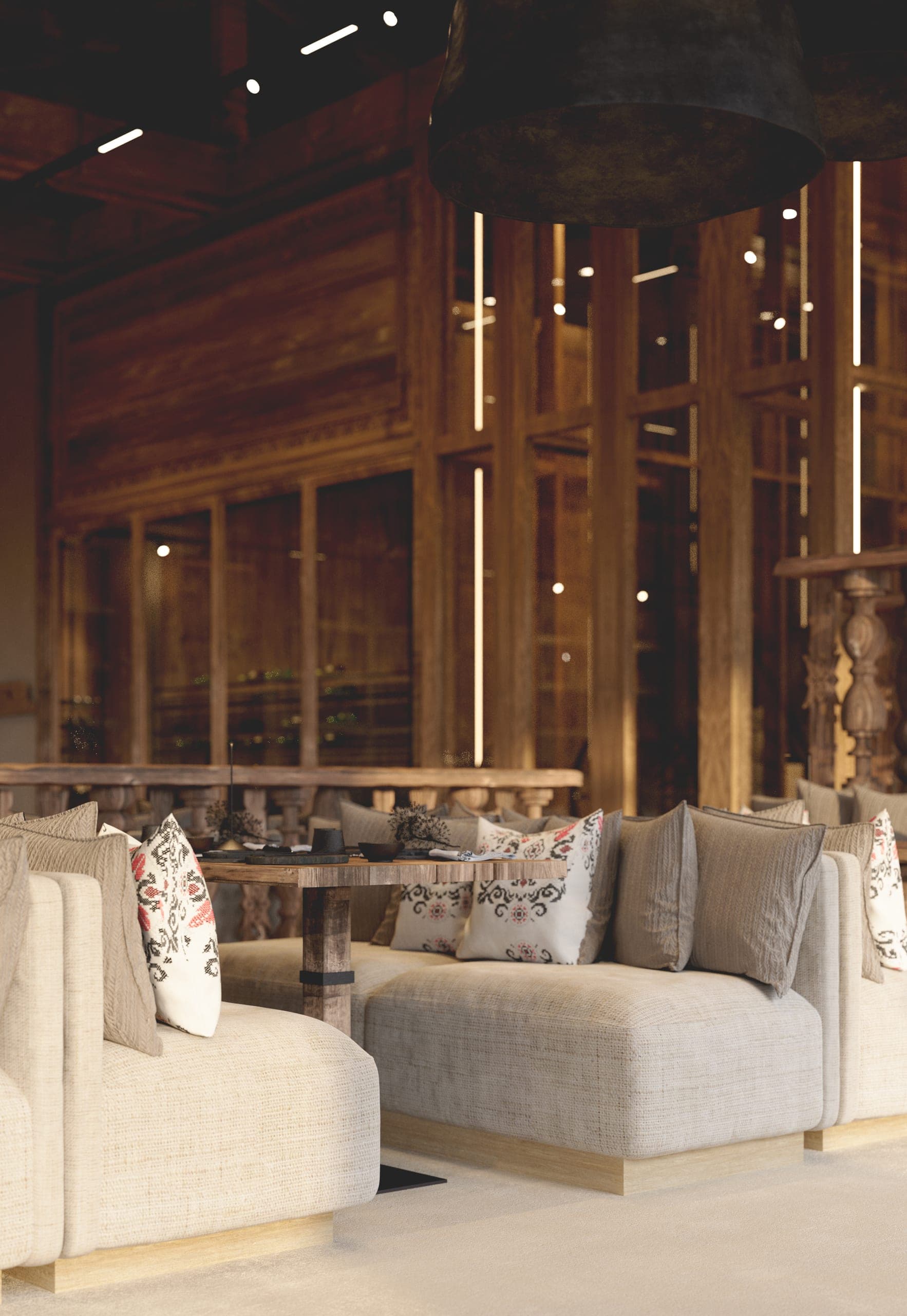 Stup Restaurant: sofa seating in front of a timber-framed glass partition