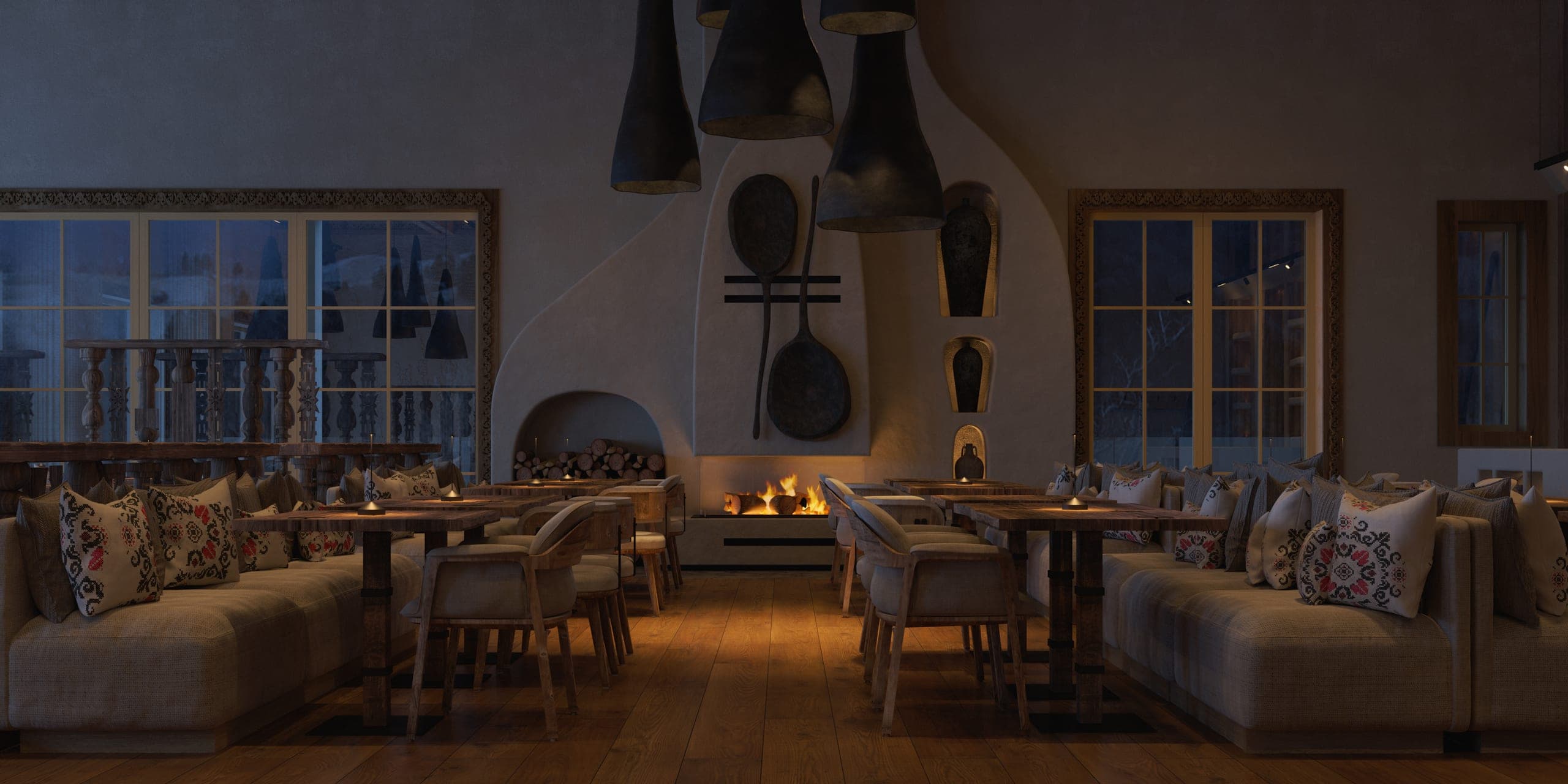 Stup Restaurant at dusk: dining room with the fire lit