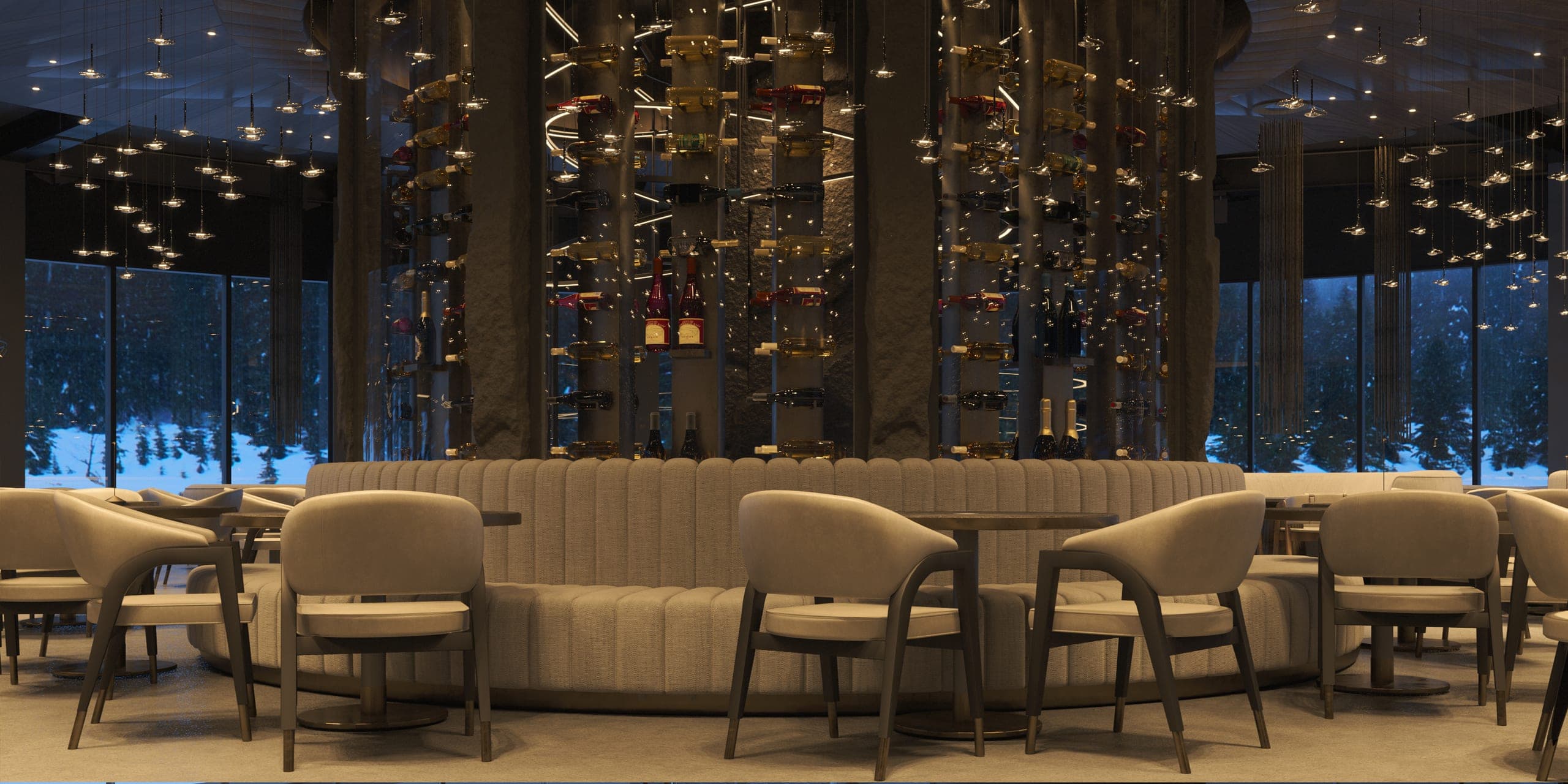 Hotel Peștera restaurant: banquette and armchairs beneath a field of small pendant lights