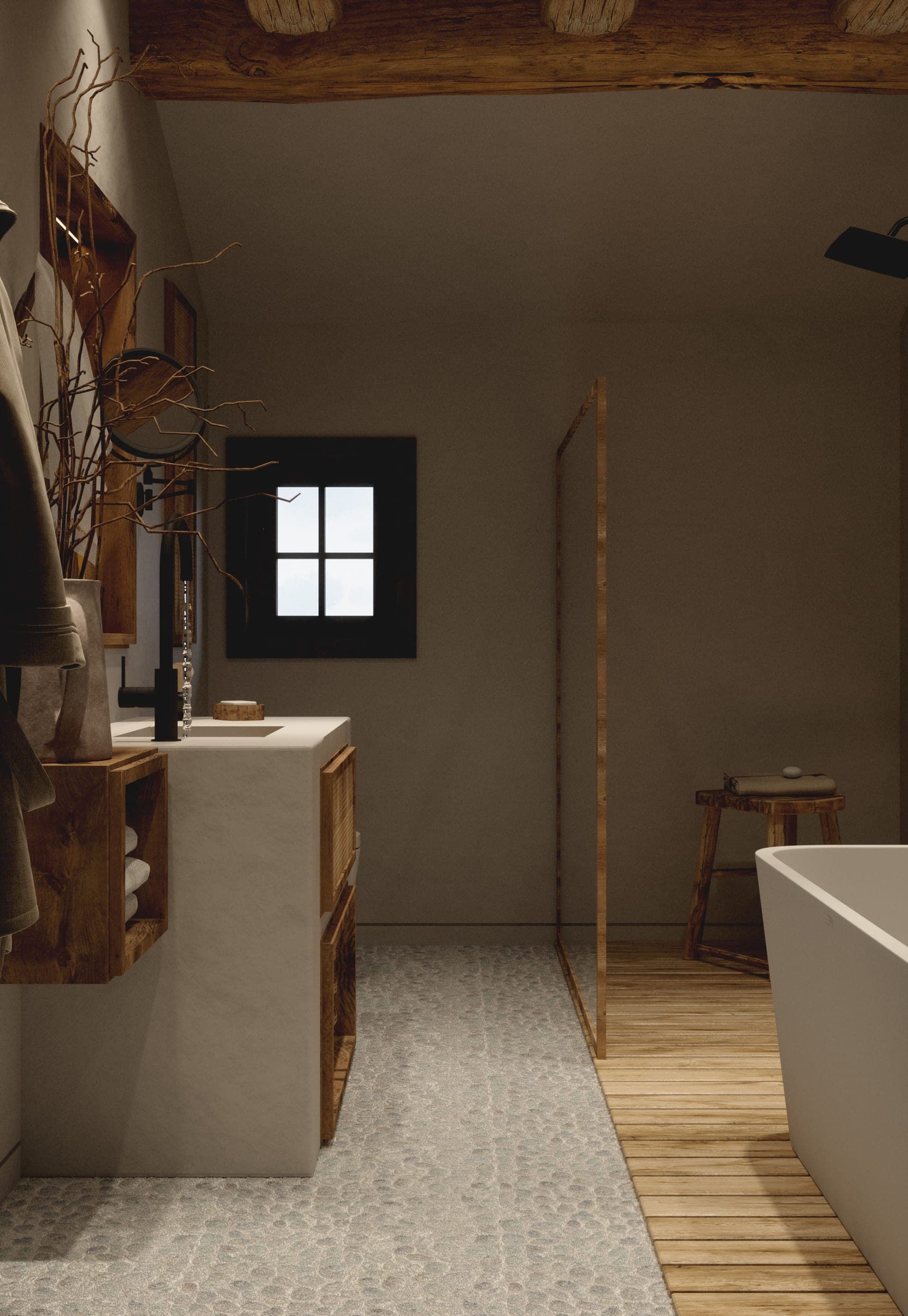Matca guest room: bathroom with a pebble floor and freestanding bathtub