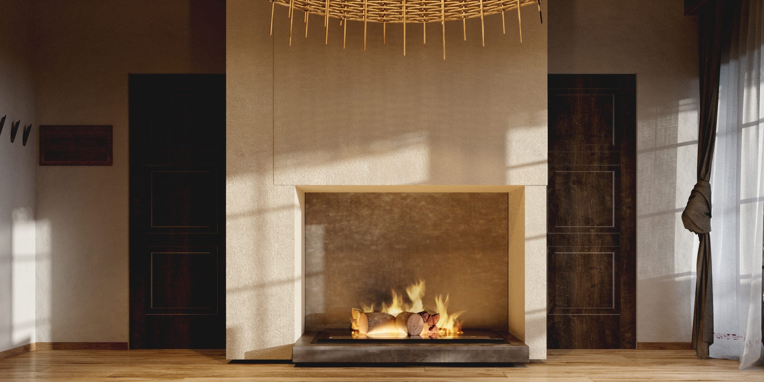 Matca private villa: fireplace set in a plaster wall between dark timber doors