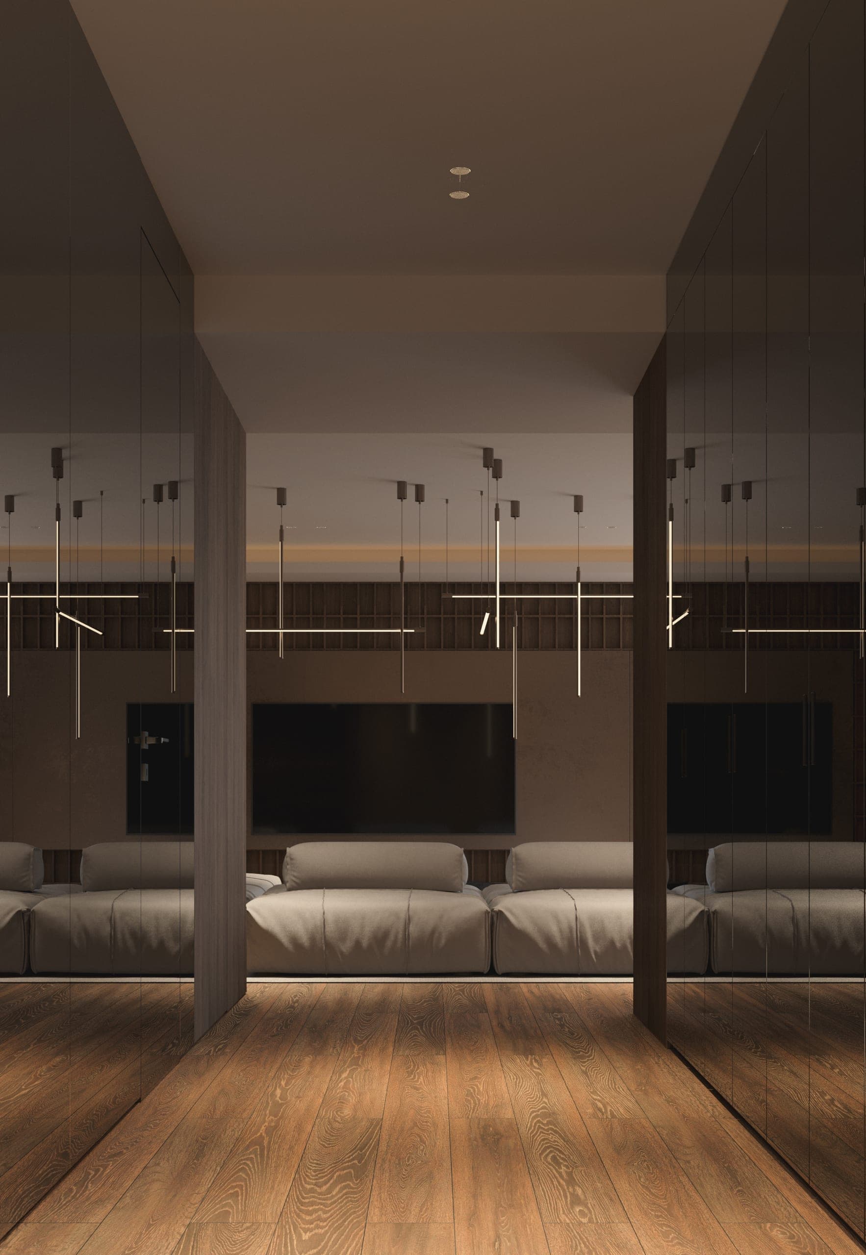Opera Residence Apartment: living room reflected in a mirrored wall