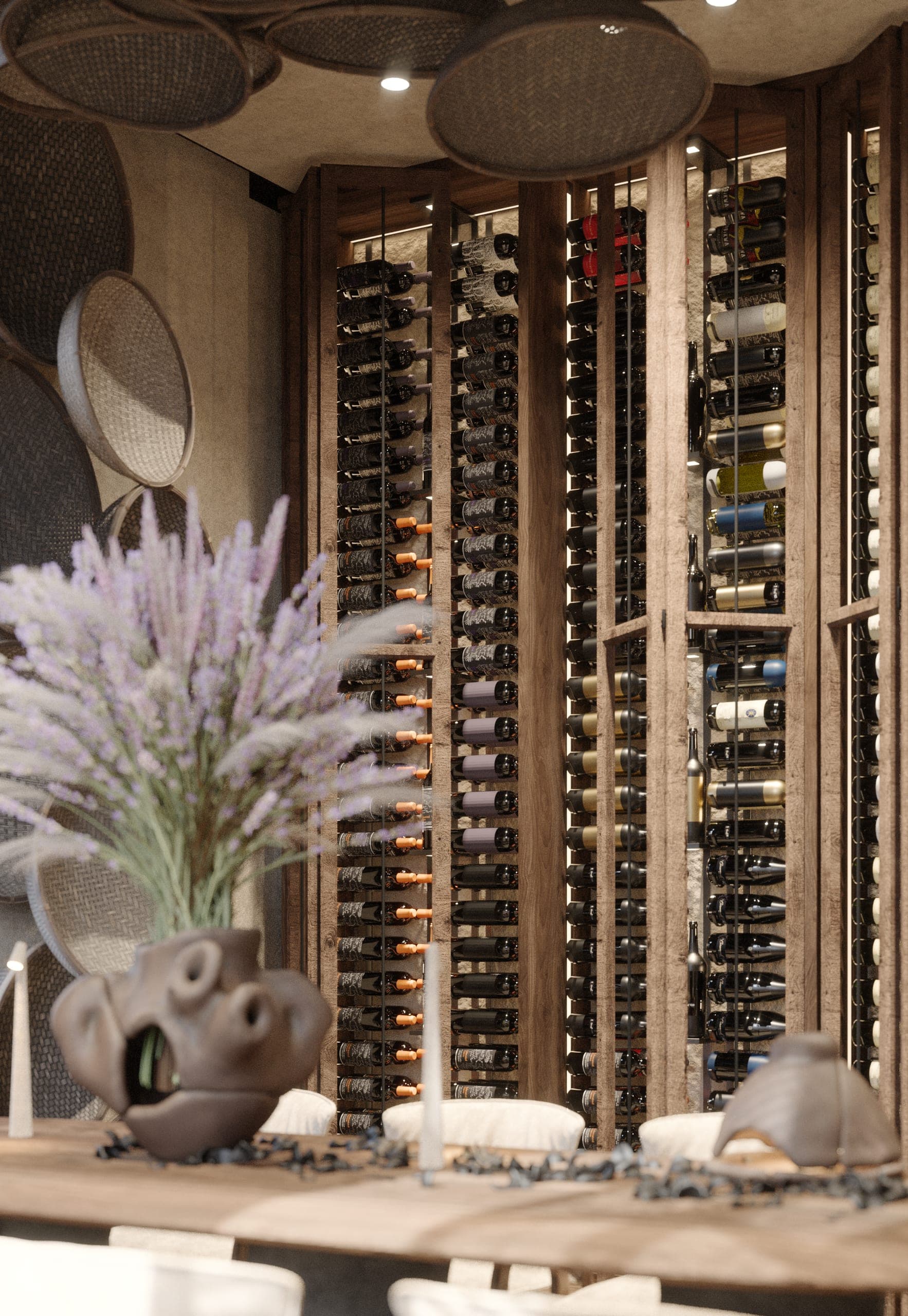 éto: floor-to-ceiling wine wall behind a lavender arrangement