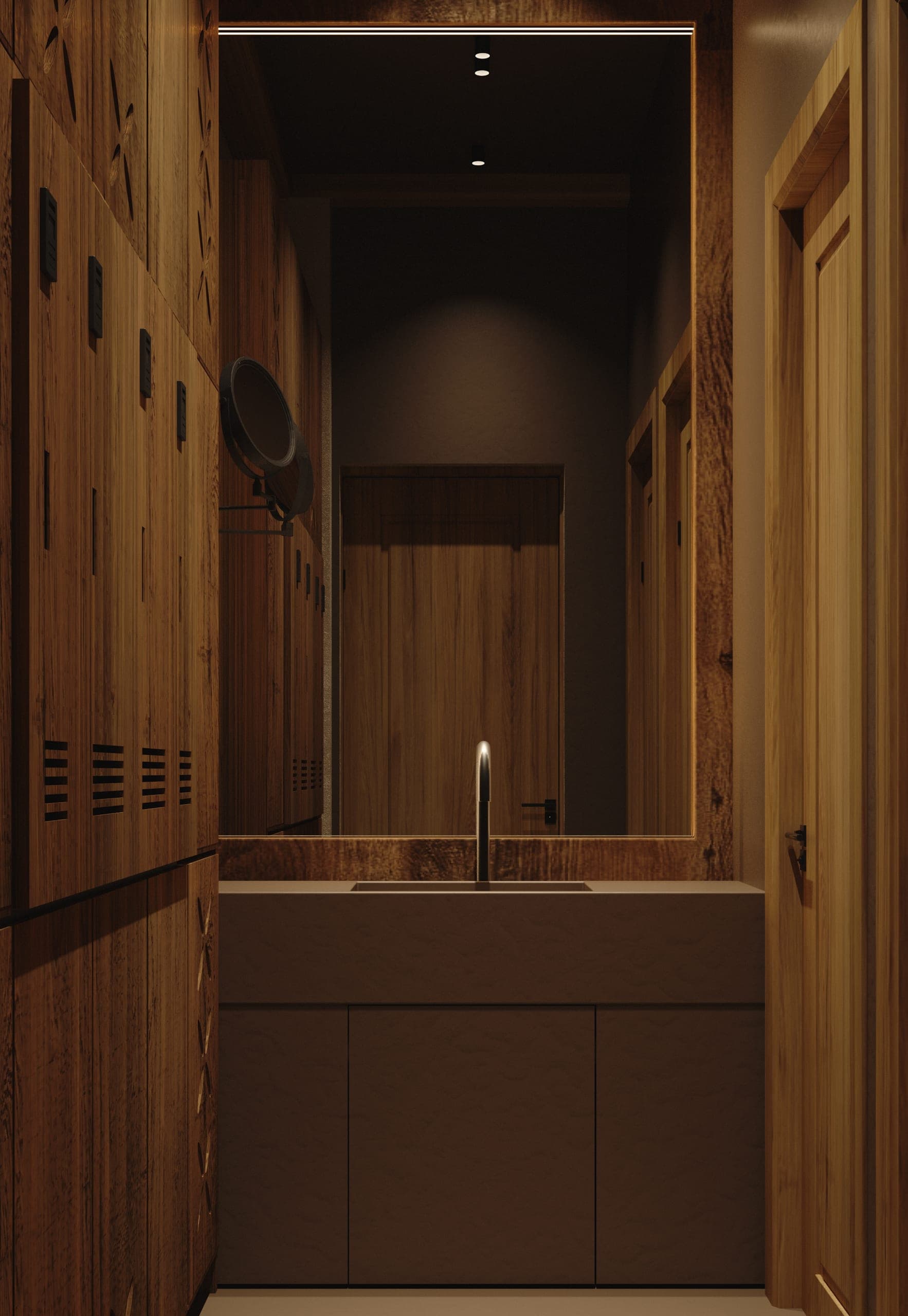 Fitness Studio: changing area with timber lockers and a dark vanity