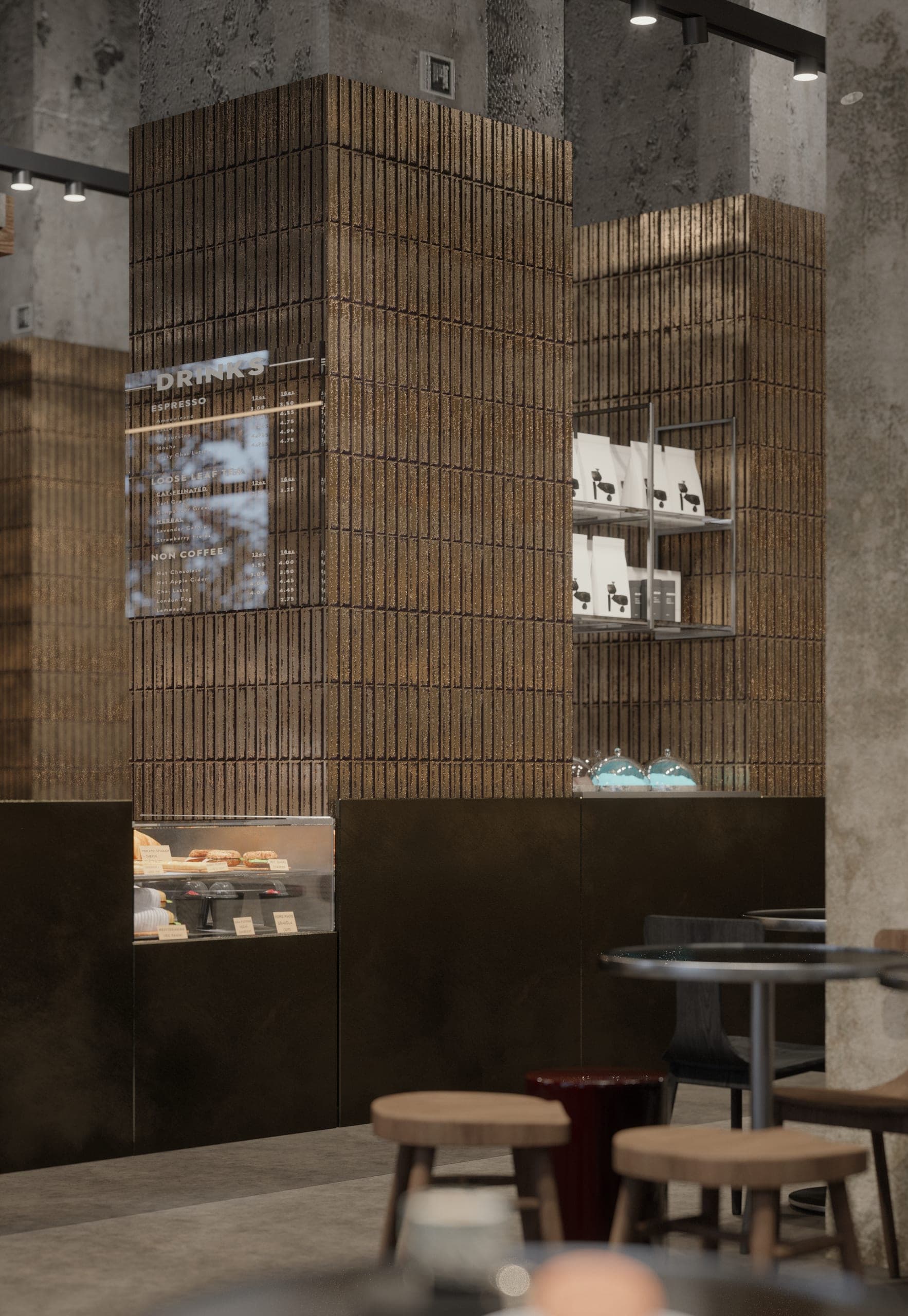 KAVO: slatted column and pastry display at the bar