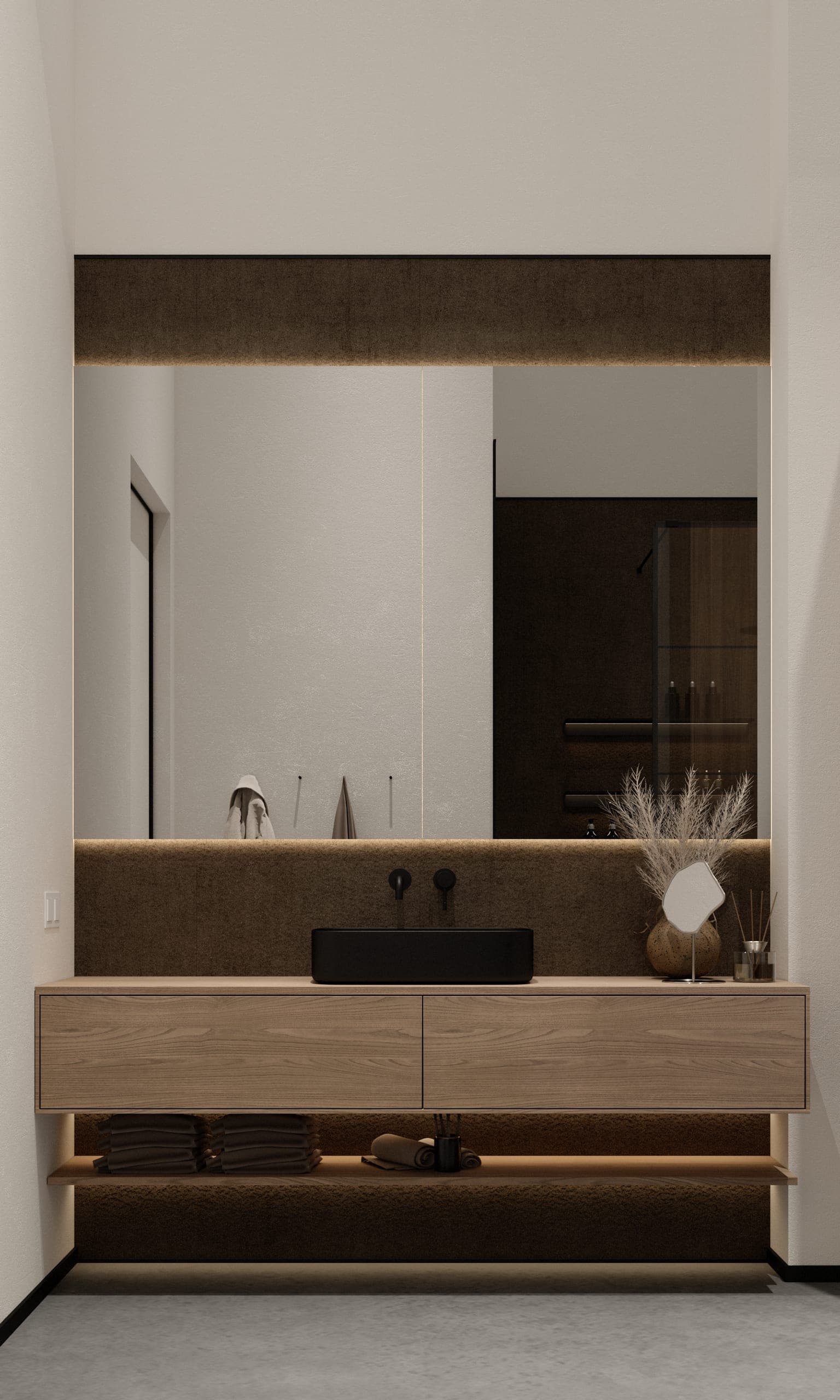 Plauen Apartment: timber bathroom vanity with a wide mirror and a black basin
