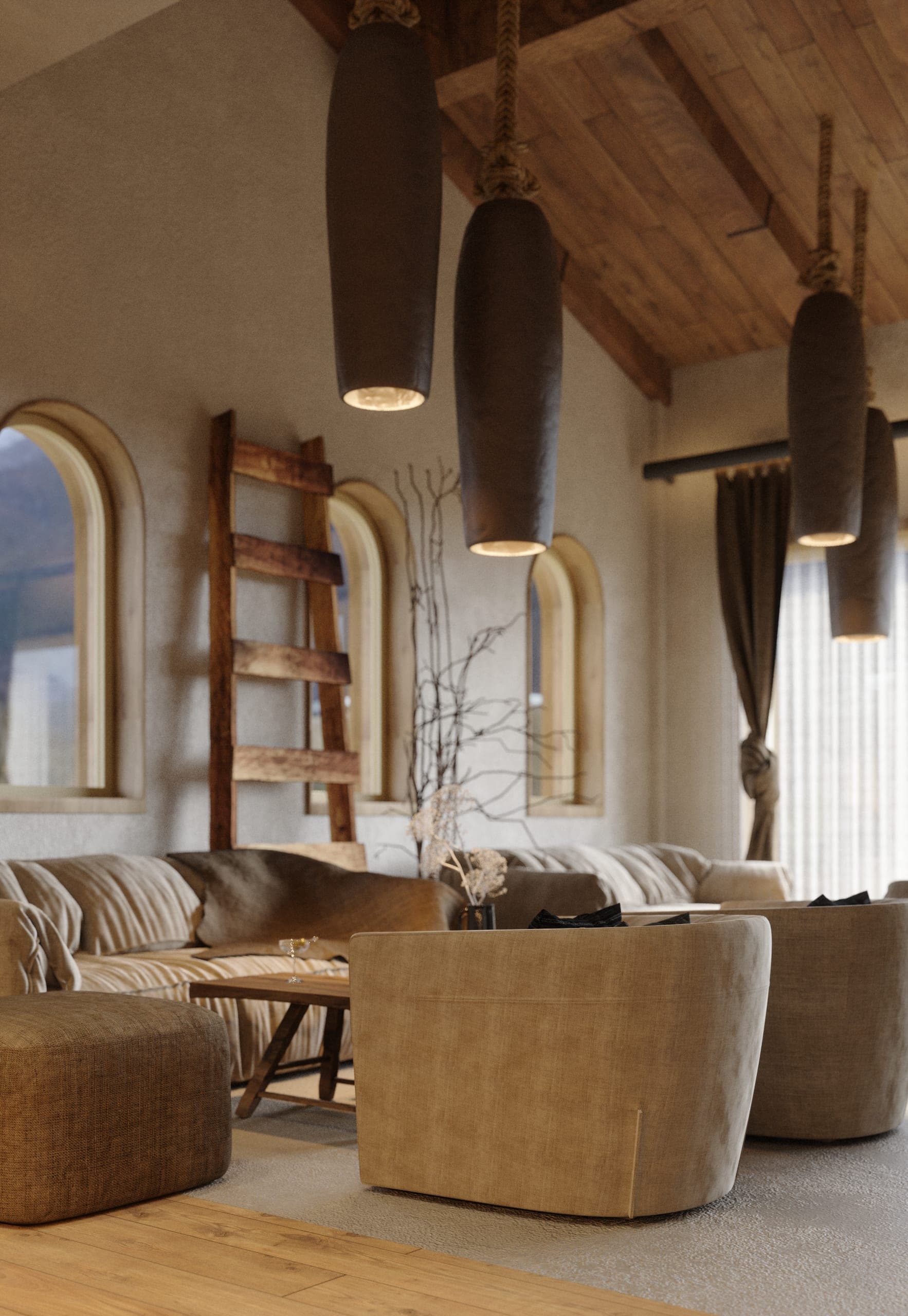 Matca lounge: armchairs with arched windows and a timber ladder behind