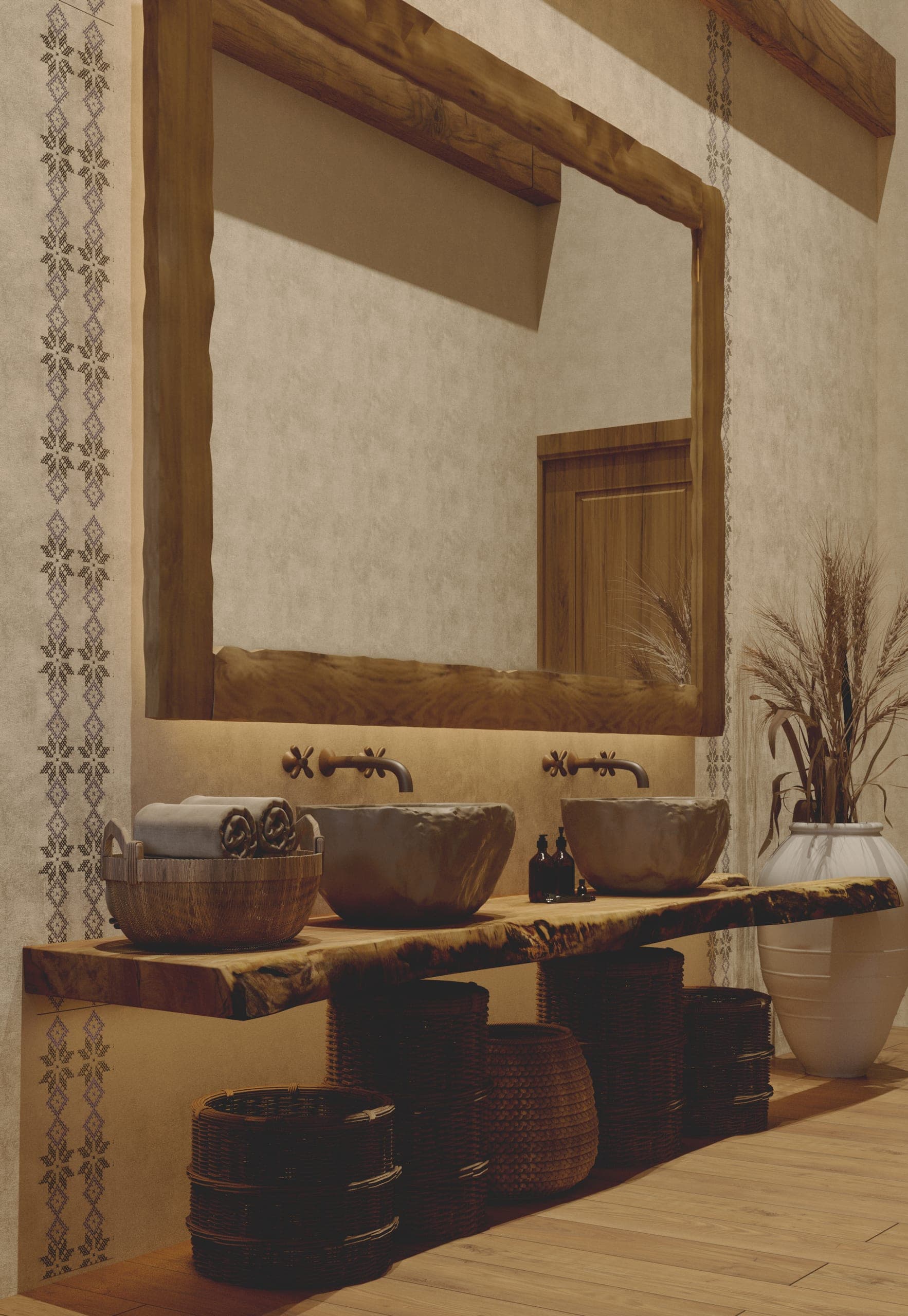 Matca lobby: washroom vanity on a timber slab beneath a large framed mirror