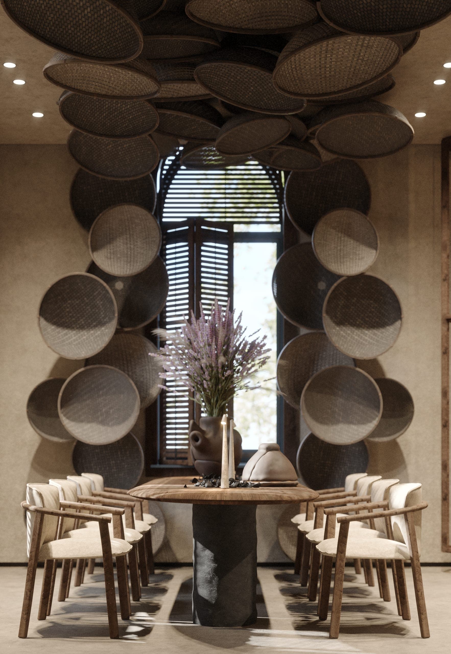 éto: long table beneath a cascade of woven baskets around an arched window