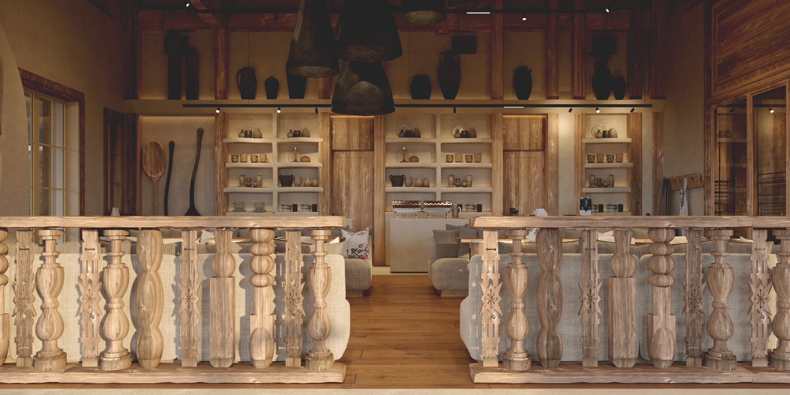 Stup Restaurant: carved balustrade and a shelving wall of ceramics