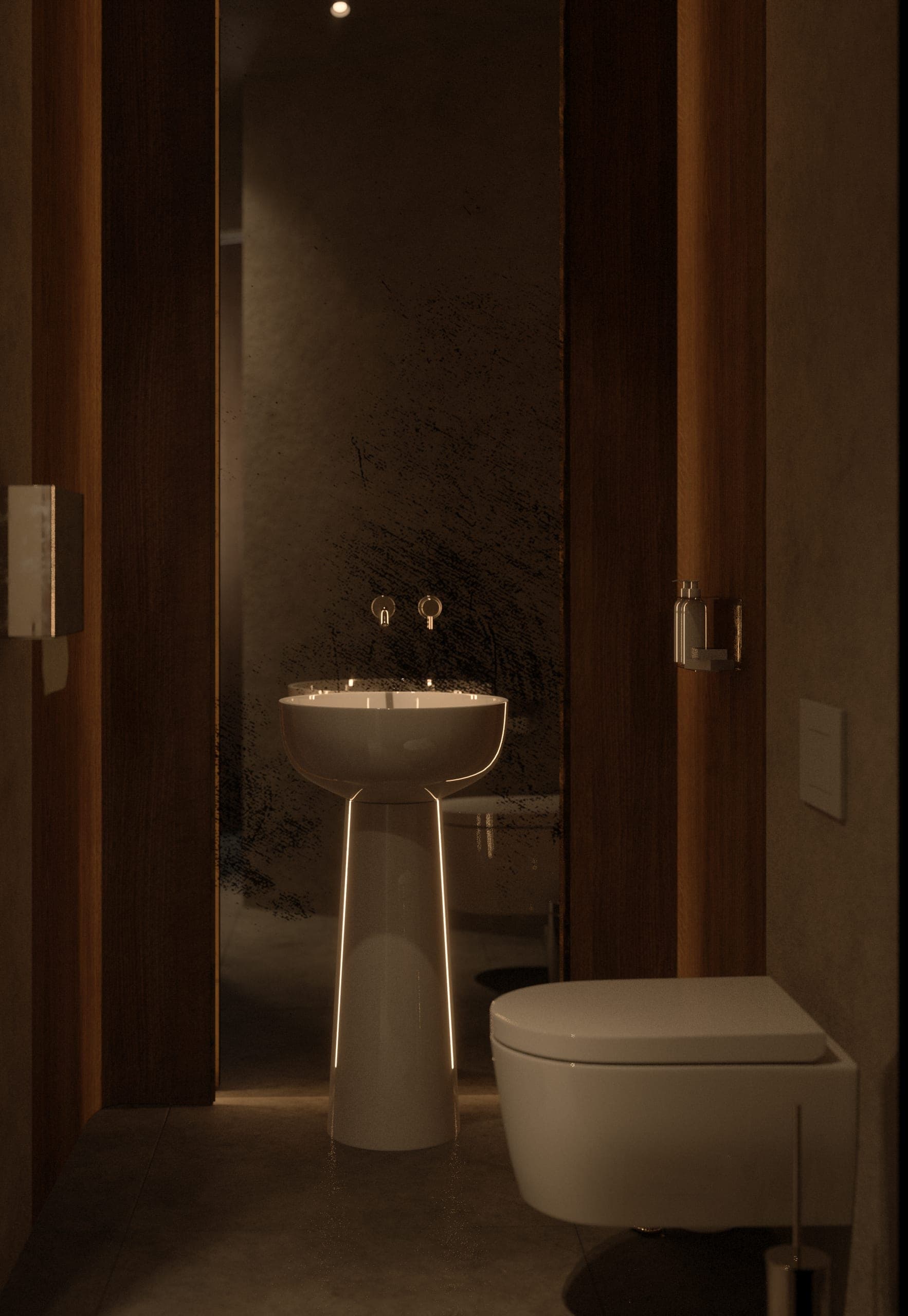 Gran Adamo: washroom with a pedestal basin in warm low light