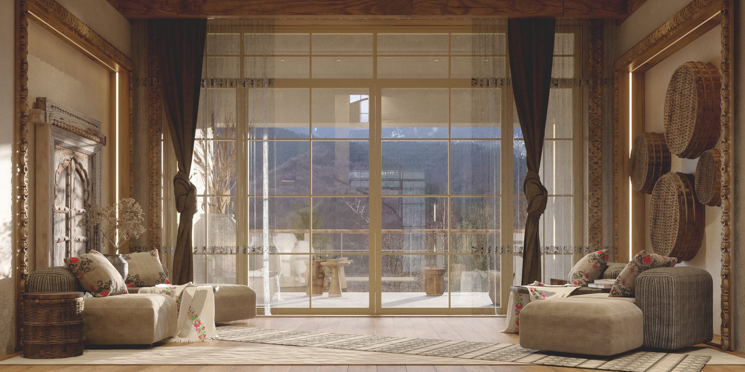 Matca lobby: seating either side of glazed doors opening to the landscape